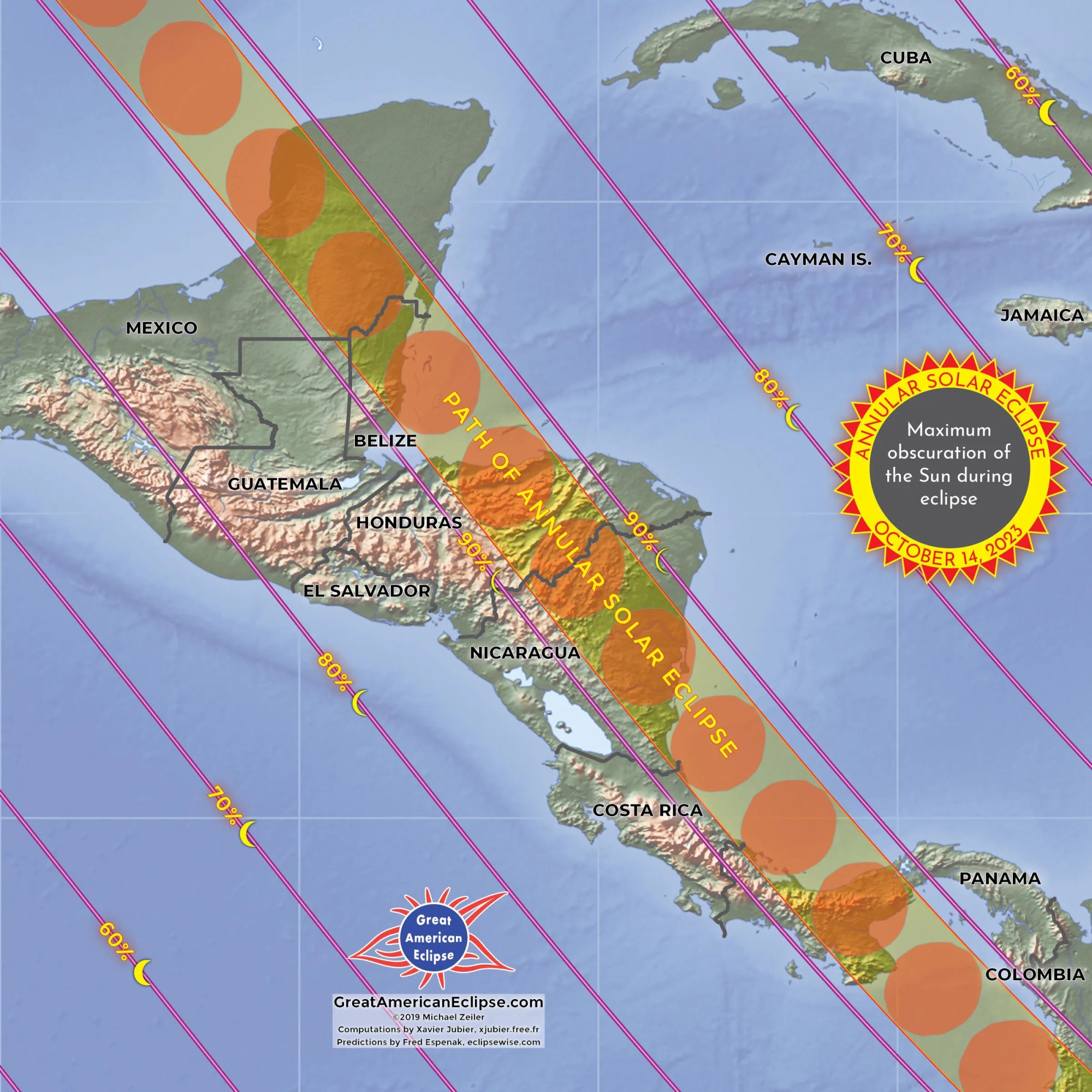 Esta imagen muestra un mapa en el cual se señala la trayectoria del eclipse solar anular de octubre de 2023 sobre México y Centroamérica.