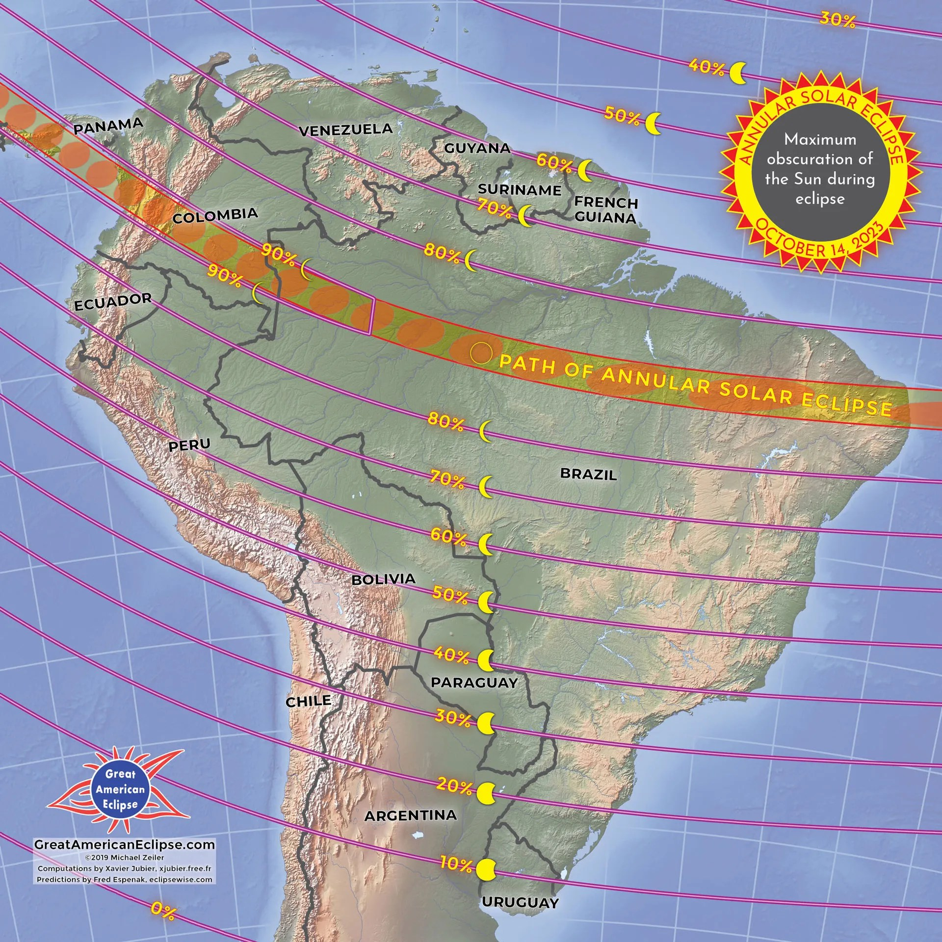 Esta imagen muestra un mapa en el cual se señala la trayectoria del eclipse solar anular sobre Sudamérica.