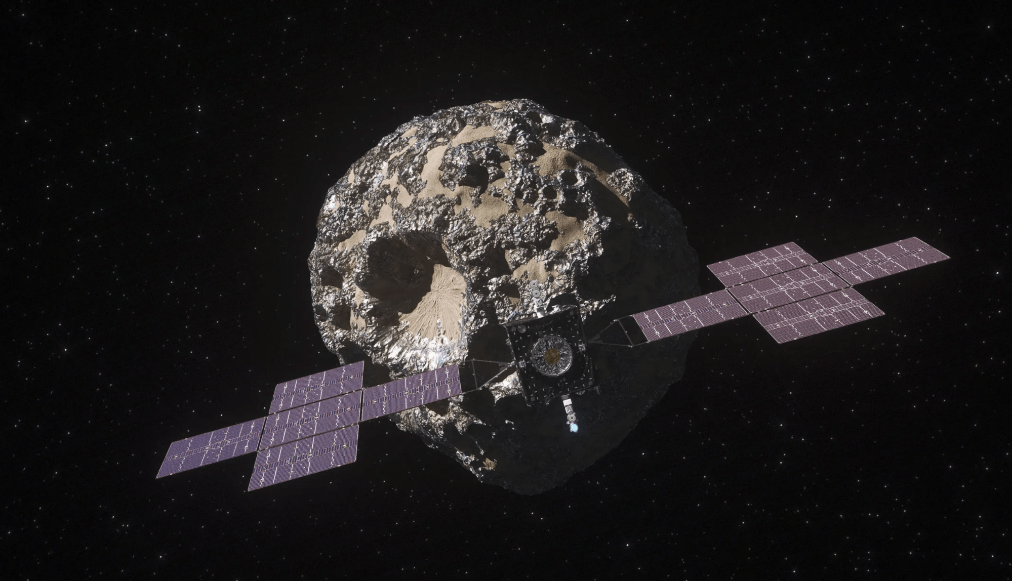 Esta ilustración muestra la nave espacial Psyche de la NASA acercándose al asteroide Psyche.