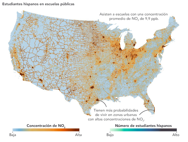 Mapa que muestra zonas con altas concentraciones de NO2 (en rojo) en Estados Unidos, y la cantidad de estudiantes hispanos en escuelas públicas.