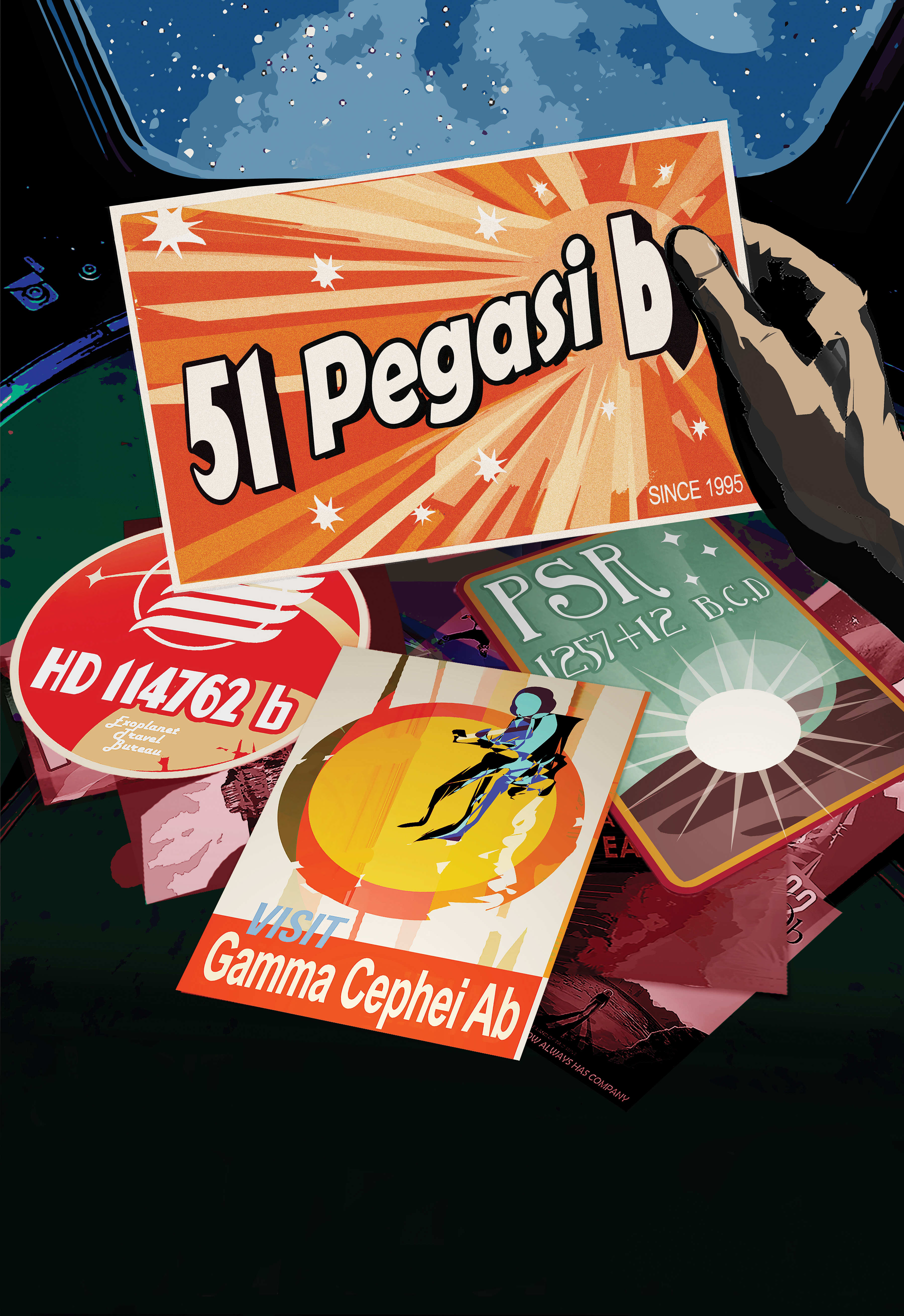 En un póster de viaje de los primeros exoplanetas se ve a un viajero. La persona está sentada frente una mesa cubierta de postales que mira a una ventana con una vista de un cielo lleno de estrellas. Una de las postales dice 51 Pegasi b, que fue el primer exoplaneta descubierto en órbita alrededor de una estrella parecida al sol. La postal dice: "Saludos desde el primer exoplaneta".