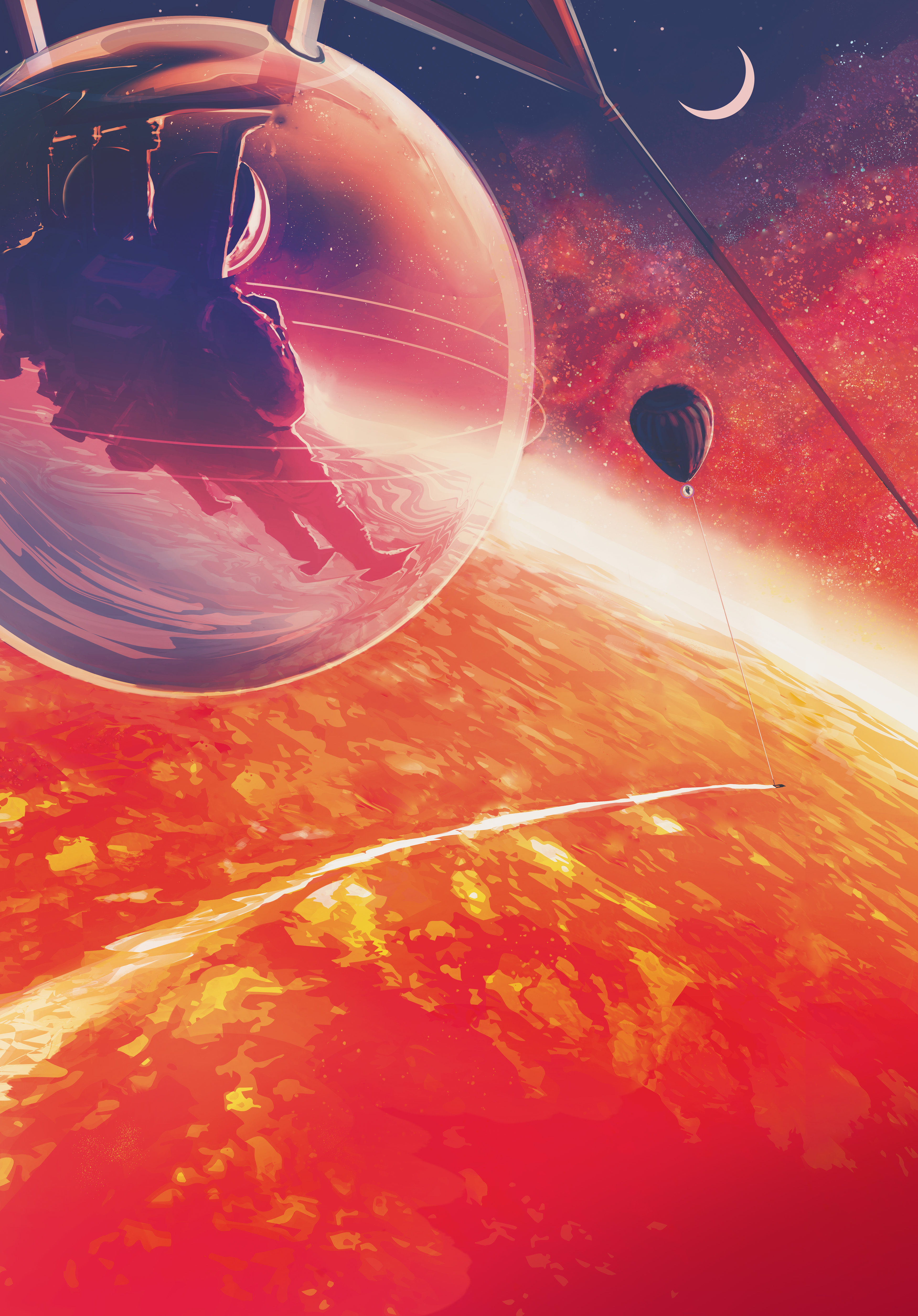 Un póster de viaje del exoplaneta 55 Cancri e. Este póster brillante y colorido está hecho en tonos rosados, morados y anaranjados. Se ve a dos personas flotando en una burbuja gigante detrás de una nave que se desplaza a través de un océano de lava caliente. El cielo de tonos morados está lleno de densas nubes de morados más oscuros y grises con destellos brillantes por todas partes. Un planeta aparece en el cielo como una luna creciente. El póster dice: "Vida de lava: Los cielos brillan sobre un interminable océano de lava".