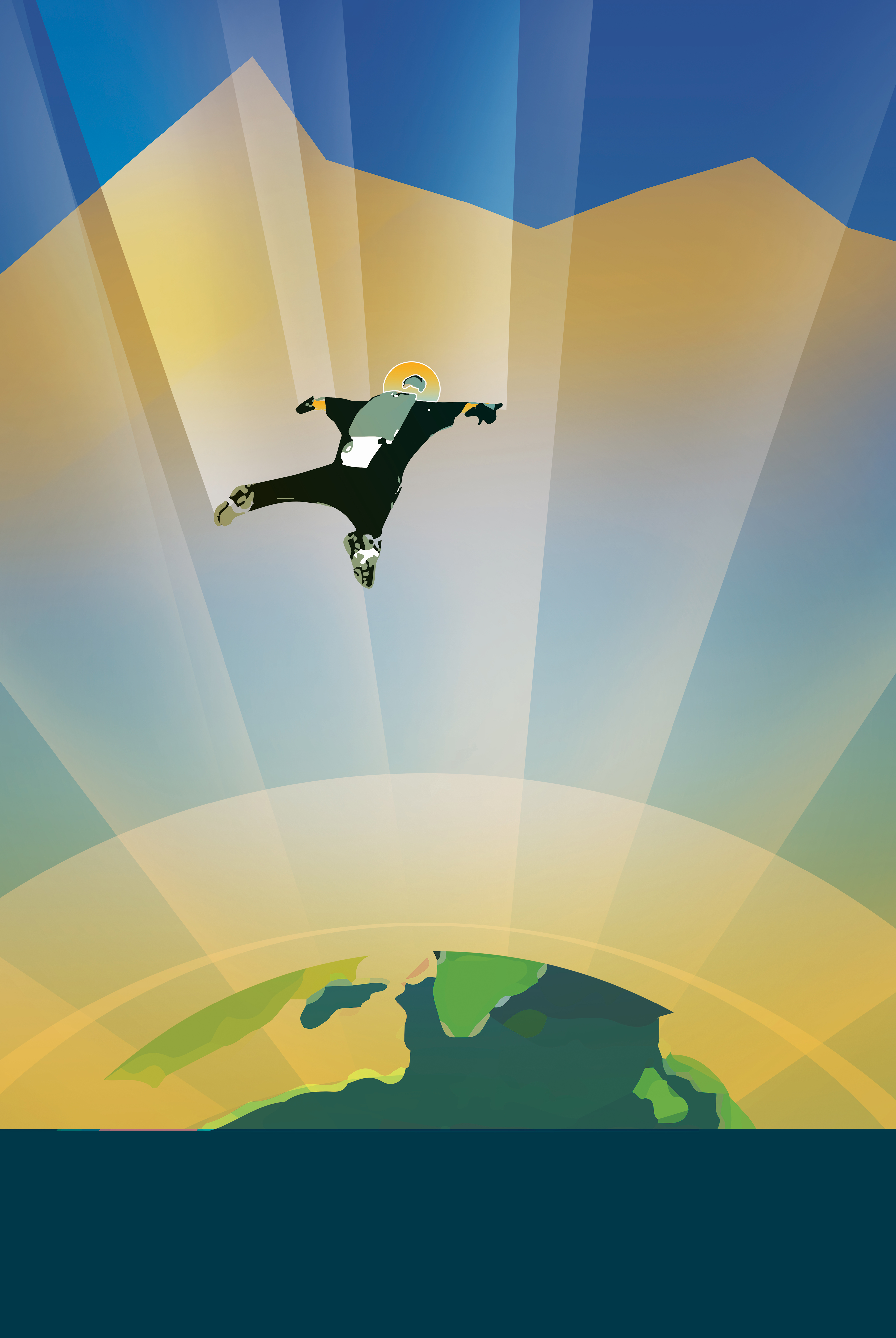 Un póster de viaje del exoplaneta HD 40307g muestra a un paracaidista en caída libre sobre un planeta azul. Dice: "Experimenta la gravedad de una súper tierra". El póster está hecho en colores verdes, azules y amarillos. El cielo azul se asoma detrás de degradaciones irregulares de amarillo. El paracaidista lleva un traje futurista con un paracaídas en la espalda. Alrededor del planeta gigante hay degradaciones de colores amarillos, con rayos de luz que fluyen hacia el planeta.