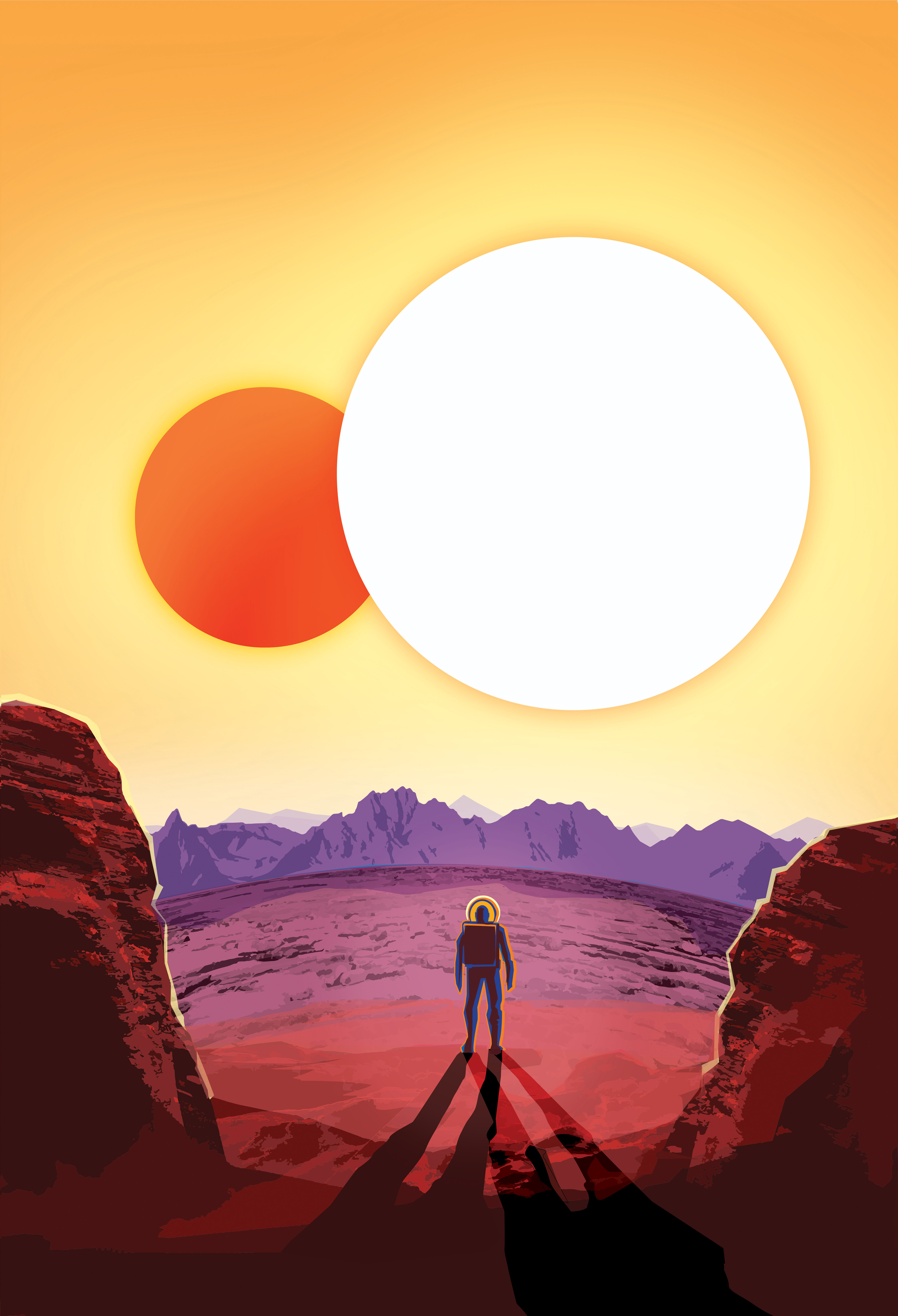 Un póster de viaje de aspecto vintage muestra una figura humana de espaldas, de pie debajo de dos soles grandes y brillantes. El más pequeño de los dos soles es de color naranja brillante y el más grande es de color blanco amarillento. La persona proyecta dos sombras debido a las dos estrellas. La persona está mirando hacia formaciones rocosas que tienen un aspecto parecido a las que se encuentran en el suroeste de Estados Unidos. El póster está hecho en colores rojo, naranja y blanco y dice: "Relájate en Kepler-16b, donde tu sombra siempre tiene compañía".