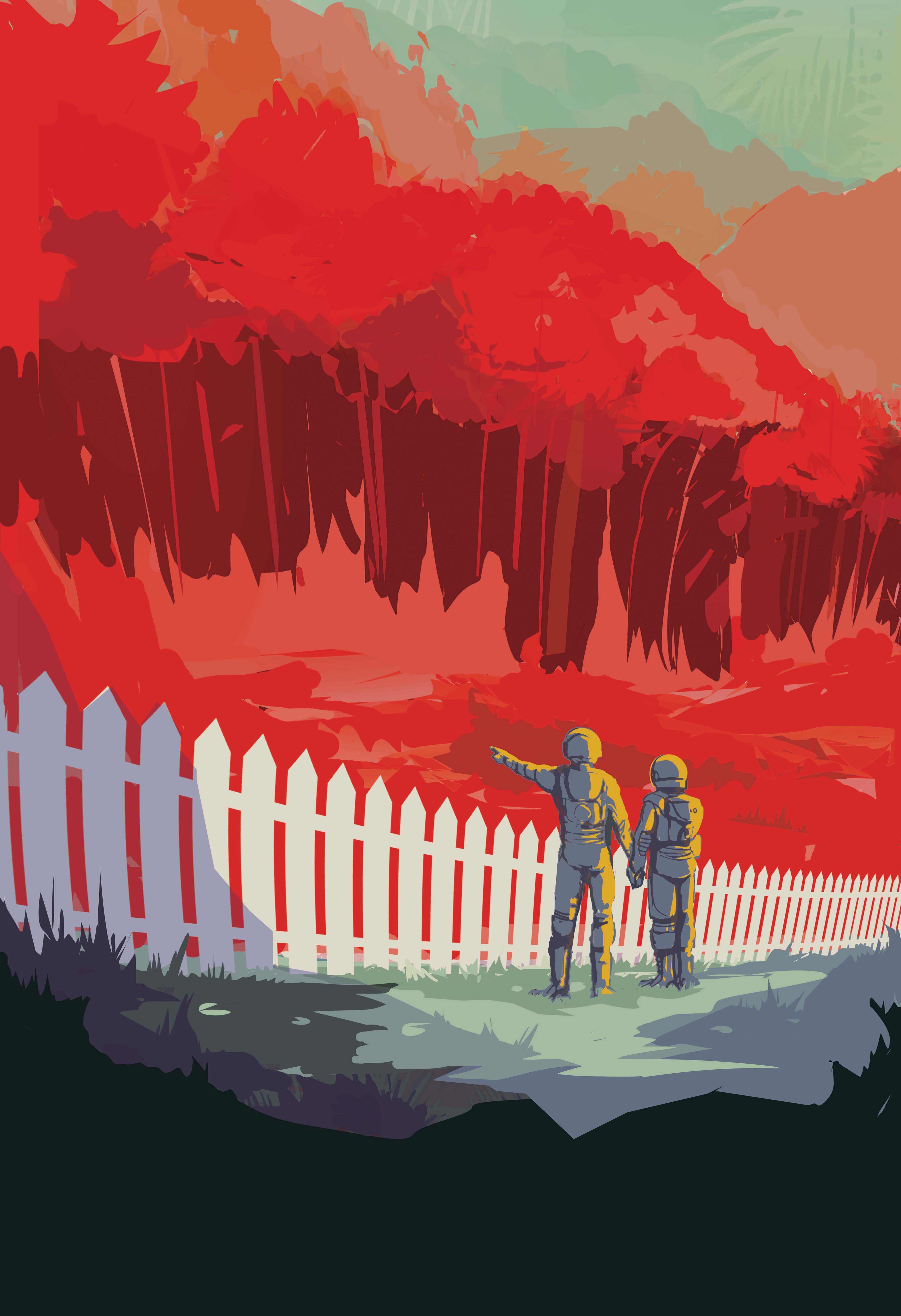 Un póster de viaje del exoplaneta Kepler-186f muestra a dos humanos de pie en medio de una abundante vegetación. Hay árboles y pastos, y la mayoría son de color rojo. También hay pastos de color verde. Las dos personas están de pie frente a una cerca blanca que atraviesa el póster, y este dice: "Kepler-186f: Donde el pasto del vecino siempre es más rojo".