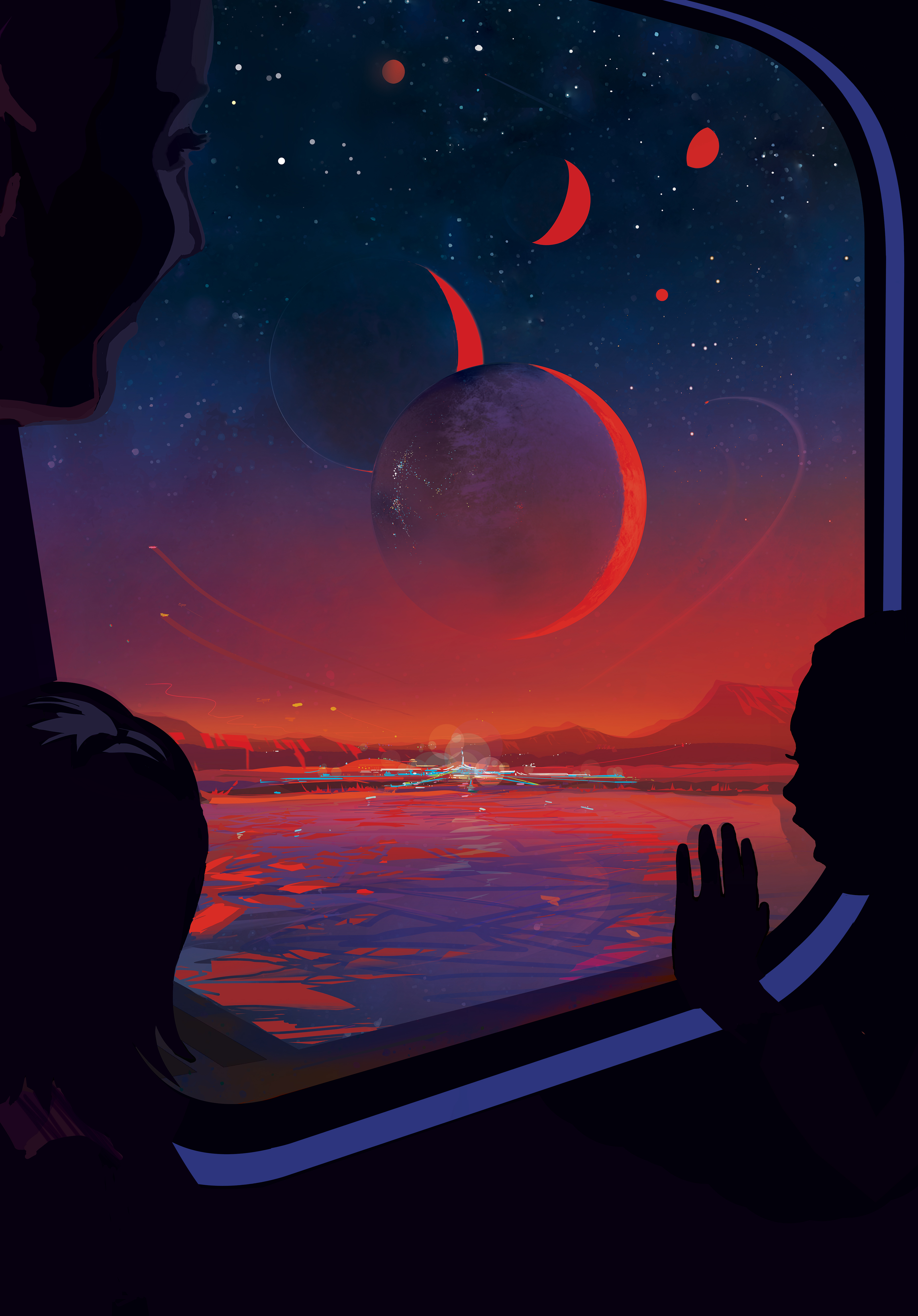 Un póster de viaje del exoplaneta 55 Cancri e. Una mujer y unos niños están reunidos alrededor de la ventana de un tren y miran hacia fuera con entusiasmo. A través de la ventana se pueden ver seis exoplanetas grandes en el cielo, como lunas gigantes. El interior del vagón está a oscuras para mostrar mejor la vista exterior, donde todo está bañado en la luz roja de su estrella enana roja. El cielo también está lleno de estrellas, incluyendo la línea de tres estrellas de Orión y la constelación de Leo, que contiene nuestro Sol amarillo como una estrella. El póster dice: "De planeta en planeta a TRAPPIST-1e, elegido por votación como el mejor destino de vacaciones de la zona habitable".