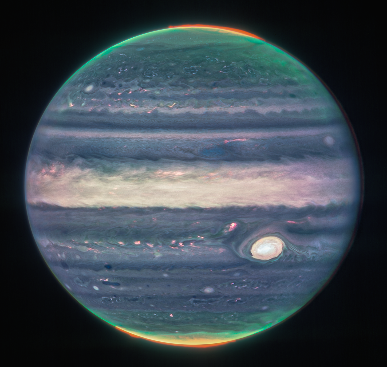 Imagen compuesta de Júpiter del instrumento NIRCam de Webb, a partir de tres filtros y alineación debido a la rotación del planeta. Crédito: NASA, ESA, Equipo ERS de Jupiter; procesamiento de imágenes por Judy Schmidt.