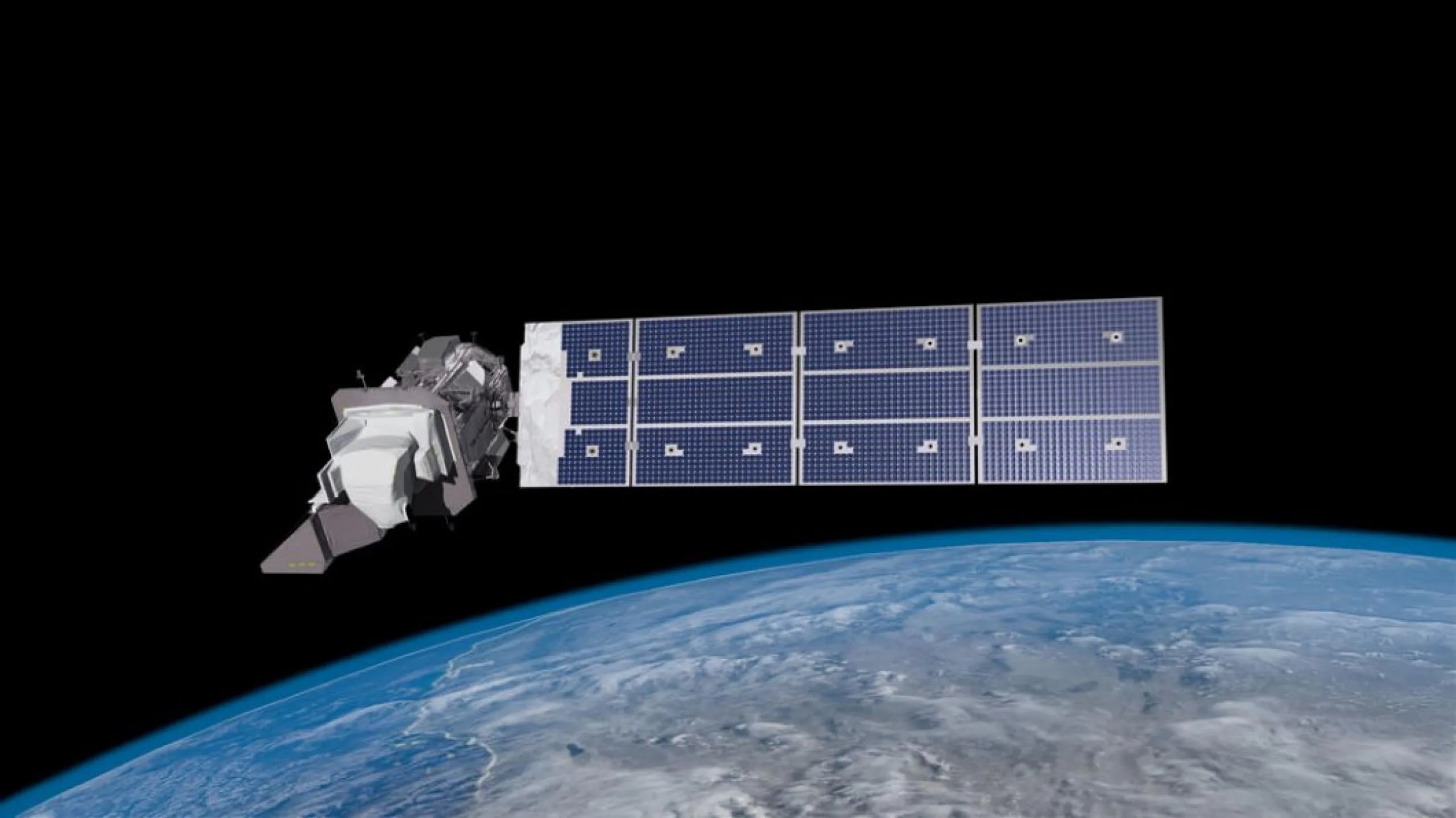 Ilustración que muestra la nave espacial Landsat 9, el noveno satélite lanzado en el programa de larga duración Landsat, desde lo alto sobre Estados Unidos. Crédito: NASA