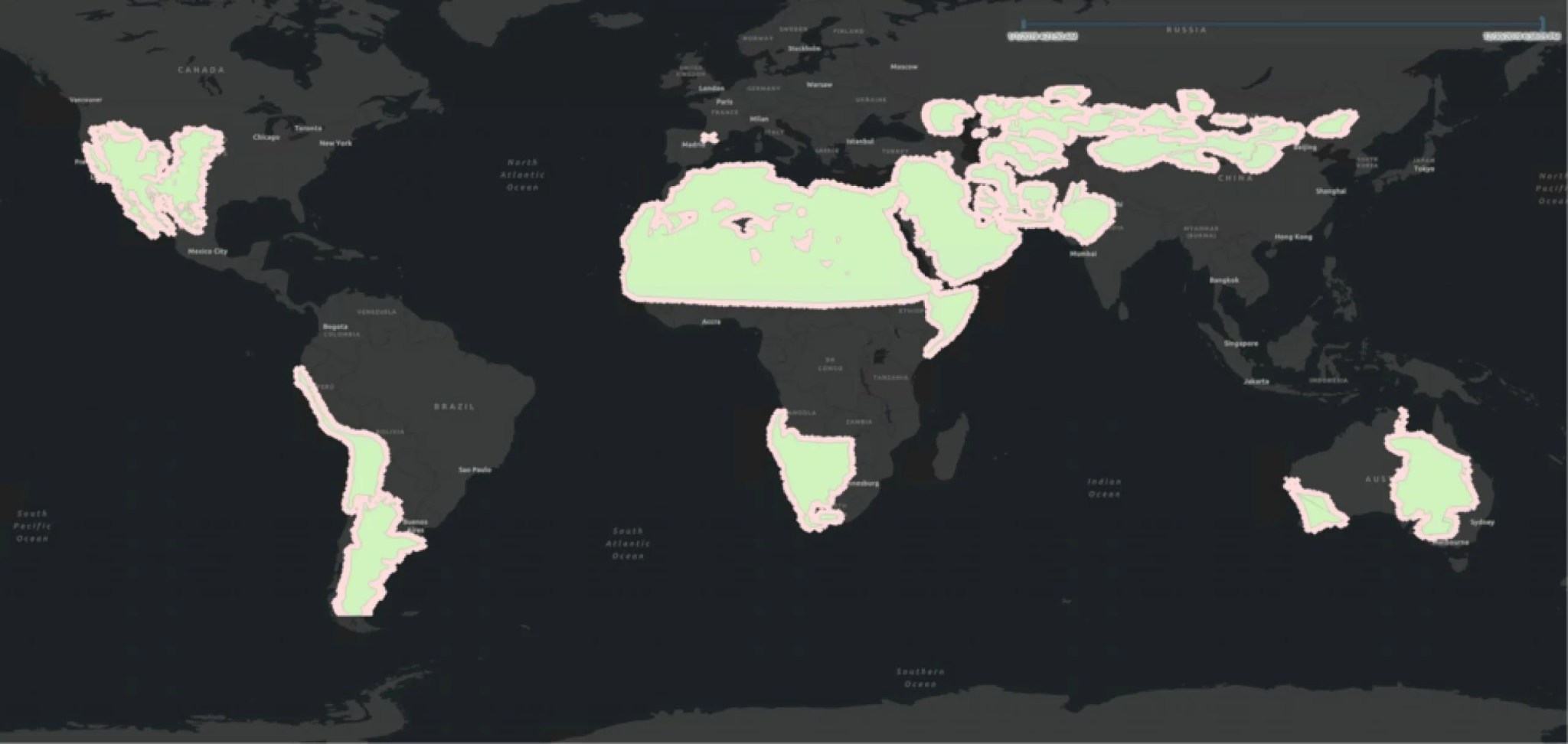 EMIT recopilará información sobre el color y la composición de los minerales de la superficie de las regiones secas del mundo, destacadas en este mapa. Los datos ayudarán a los científicos climáticos a comprender mejor cómo el polvo en el aire influye en las temperaturas del aire, las condiciones meteorológicas y el clima. Créditos: NASA/JPL-Caltech