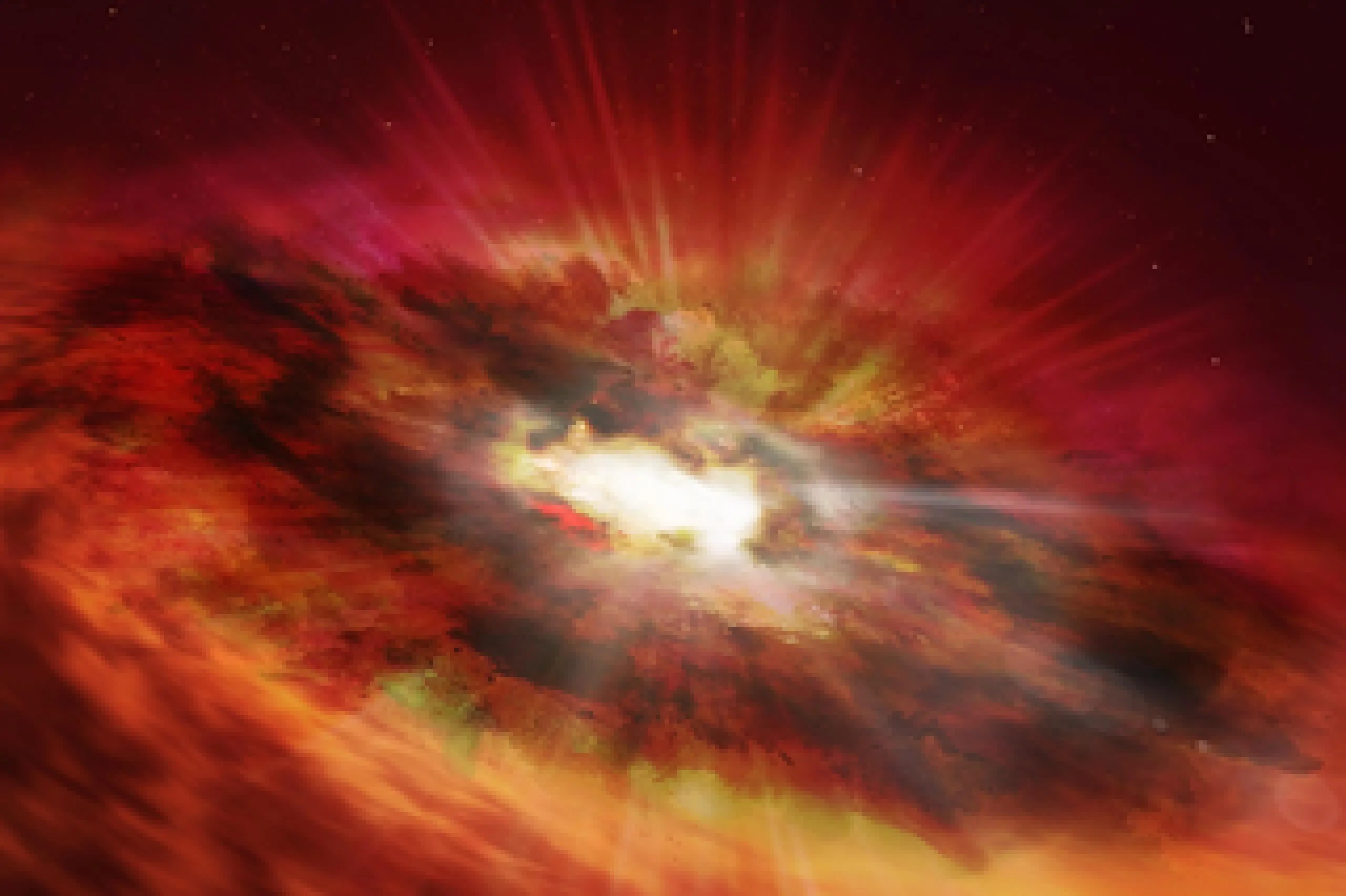 Esta es una perspectiva artística de un agujero negro supermasivo dentro del núcleo envuelto en polvo de una galaxia starburst con una intensa formación estelar. Eventualmente se convertirá en un cuásar extremadamente brillante una vez que el polvo se haya dispersado. El equipo de investigación cree que el objeto, descubierto en un sondeo del cielo profundo hecho por el Hubble, podría ser un “eslabón perdido” evolutivo entre los cuásares y las galaxias de formación estelar. El polvoriento agujero negro se r