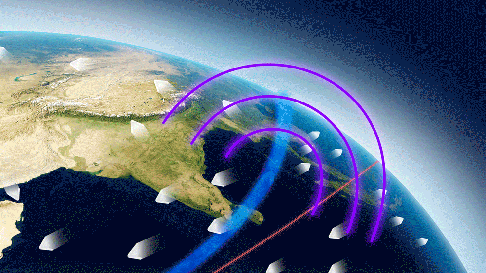 A una altura de 97 a 153 kilómetros (60 a 95 millas) sobre el suelo, los vientos asociados con las mareas atmosféricas (flechas blancas) mueven los iones y los separan de los electrones, formando un campo eléctrico (línea azul) en la región de la dinamo. El campo eléctrico atraviesa la atmósfera superior y empuja el plasma (rosa) hacia arriba y hacia abajo como si fuera una fuente. Créditos: Laboratorio de Animación Conceptual de la NASA