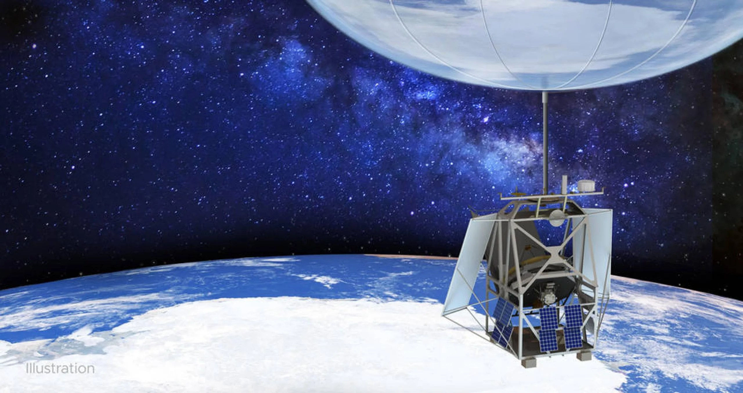 Elevada por un globo estratosférico, como se muestra en esta ilustración, la misión ASTHROS de la NASA puede alcanzar una altitud de 40 kilómetros (130,000 pies). Desde esa altura, el telescopio puede detectar longitudes de ondas de luz que están bloqueadas por la atmósfera de la Tierra y no pueden ser observadas desde el suelo. Créditos: NASA/JPL-Caltech