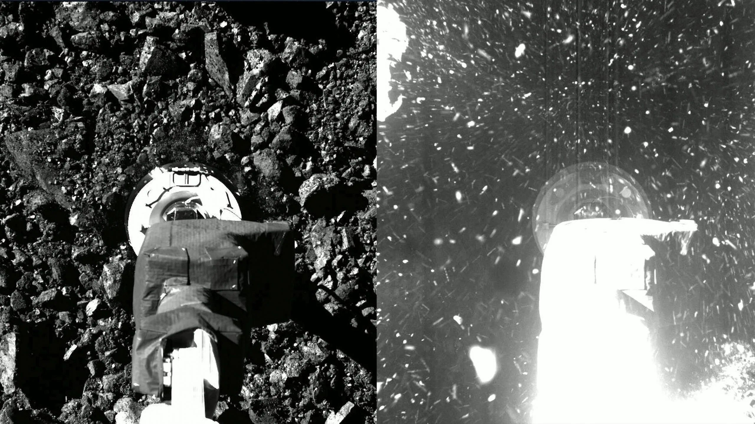 mágenes contiguas del brazo robótico de la nave espacial OSIRIS-REx de la NASA mientras desciende hacia la superficie del asteroide Bennu (izquierda) y mientras lo sacude ligeramente para agitar el polvo y las piedras para su recolección de muestras (derecha). OSIRIS-REx aterrizó en Bennu a las 6:08 pm hora del Este del 20 de octubre de 2020. Créditos: Centro de Vuelo Espacial Goddard de la NASA.