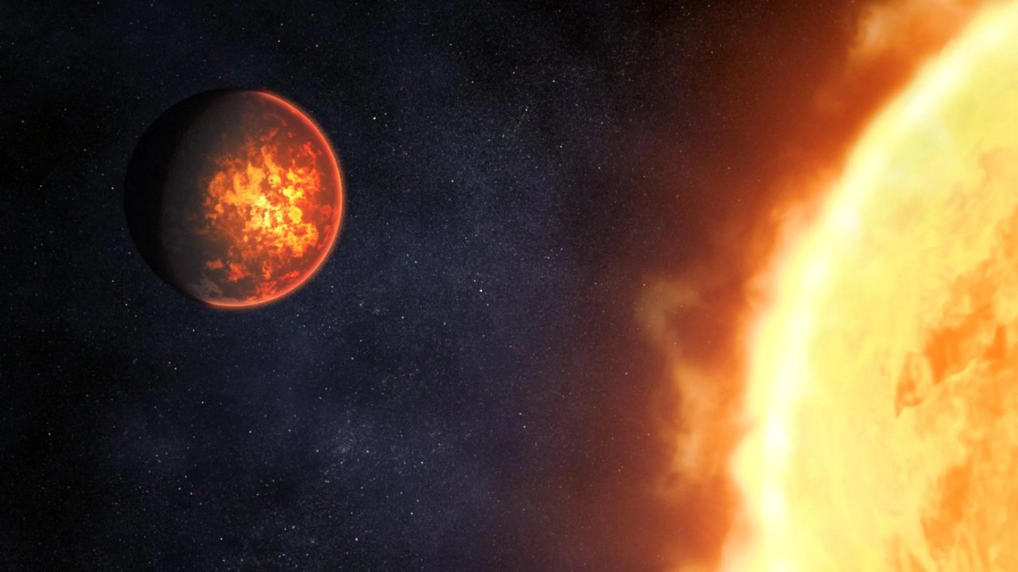 Ilustración que muestra el aspecto que podría tener el exoplaneta 55 Cancri e, según los conocimientos actuales sobre el planeta. 55 Cancri e es un planeta rocoso con un diámetro de casi el doble del de la Tierra que orbita a solo 0,015 unidades astronómicas de su estrella similar al Sol. Debido a su estrecha órbita, el planeta es extremadamente caliente, con temperaturas diurnas que alcanzan los 4.400 grados Fahrenheit (unos 2.400 grados Celsius). Créditos: NASA, ESA, CSA, Dani Player (STScI)