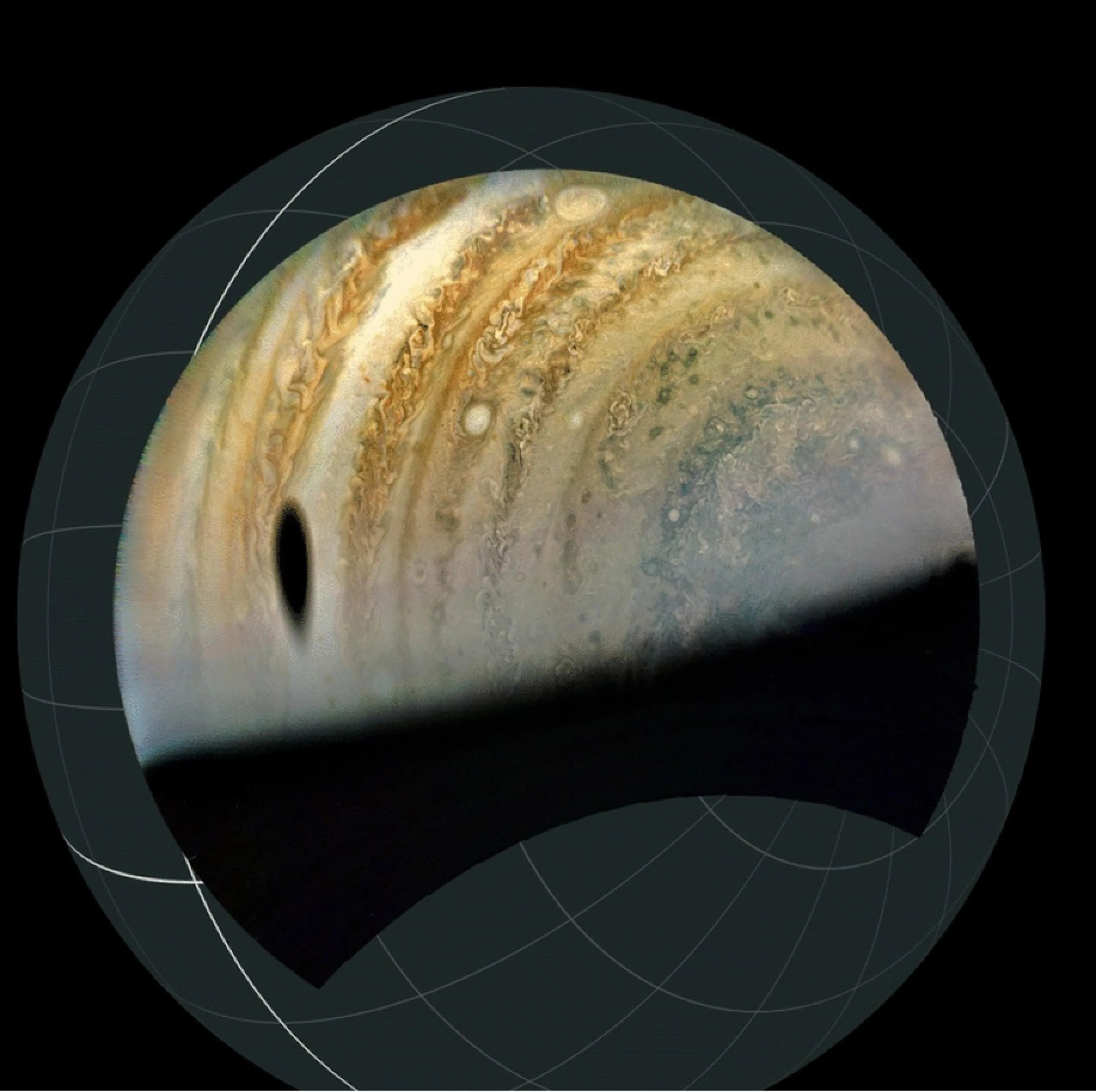 Figura B – Ilustración de la geometría aproximada de la sombra de Ganímedes proyectada sobre un globo de Júpiter.