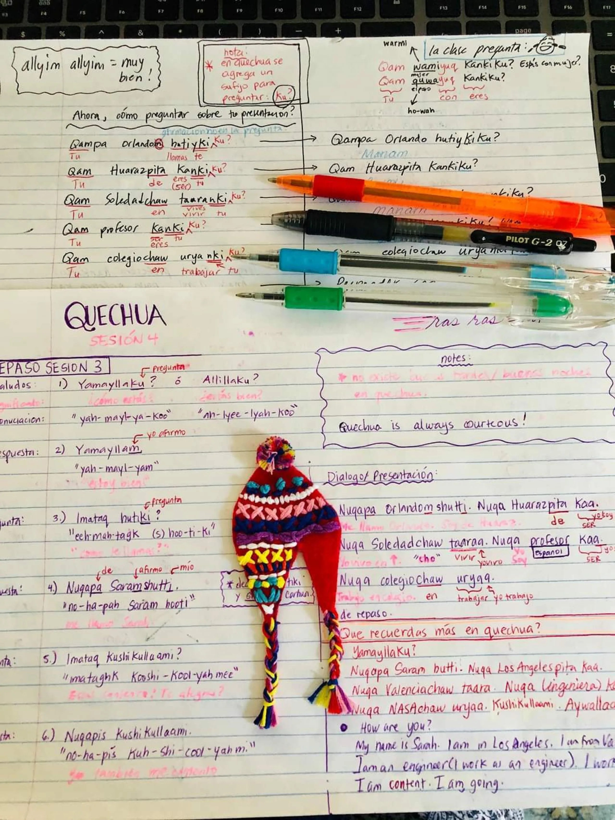 Notas tomadas por Sarah Yearicks en una de sus clases de quechua.