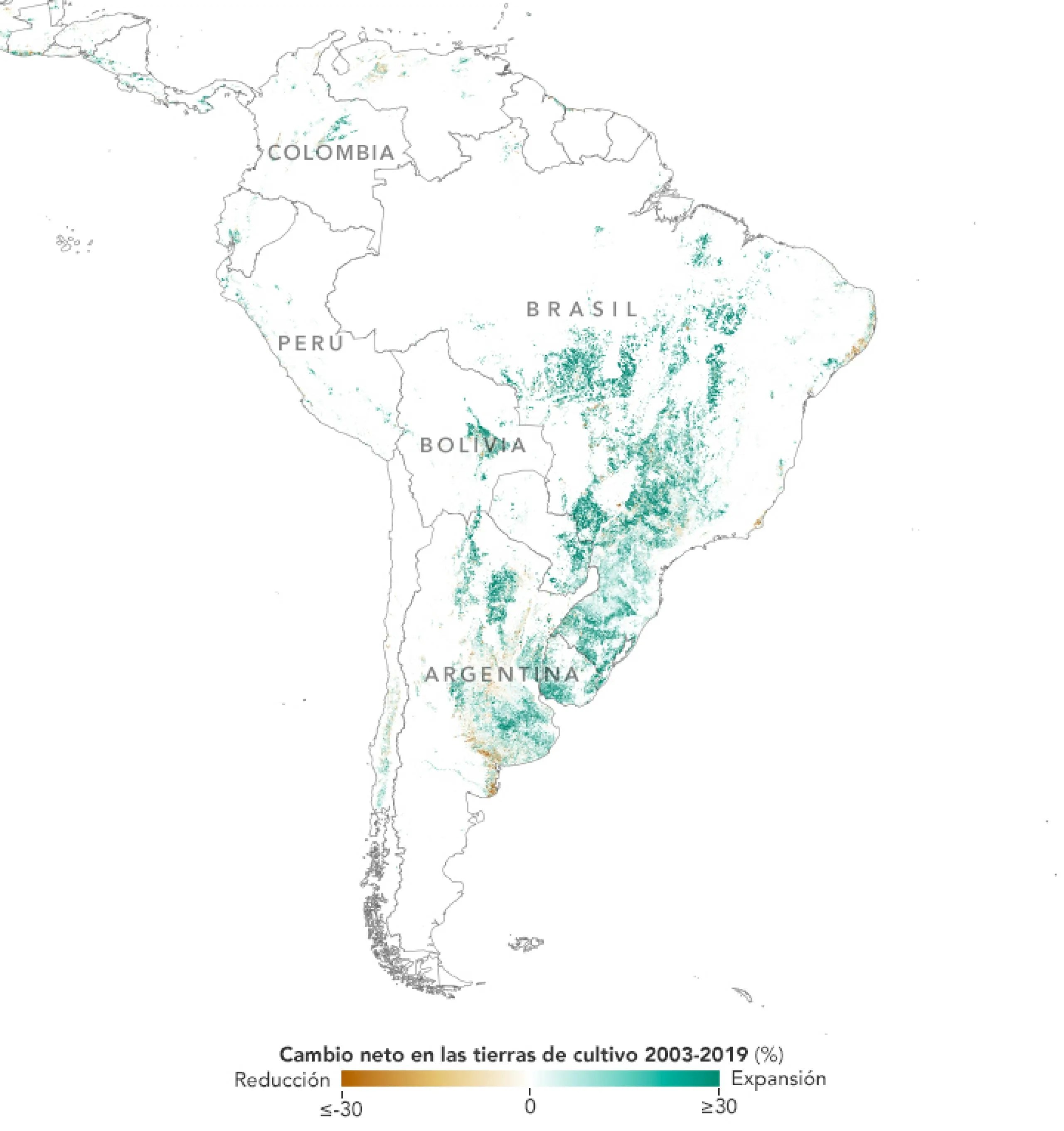 Esta imagen de América del Sur muestra el cambio neto en las tierras de cultivo entre 2003 y 2019.