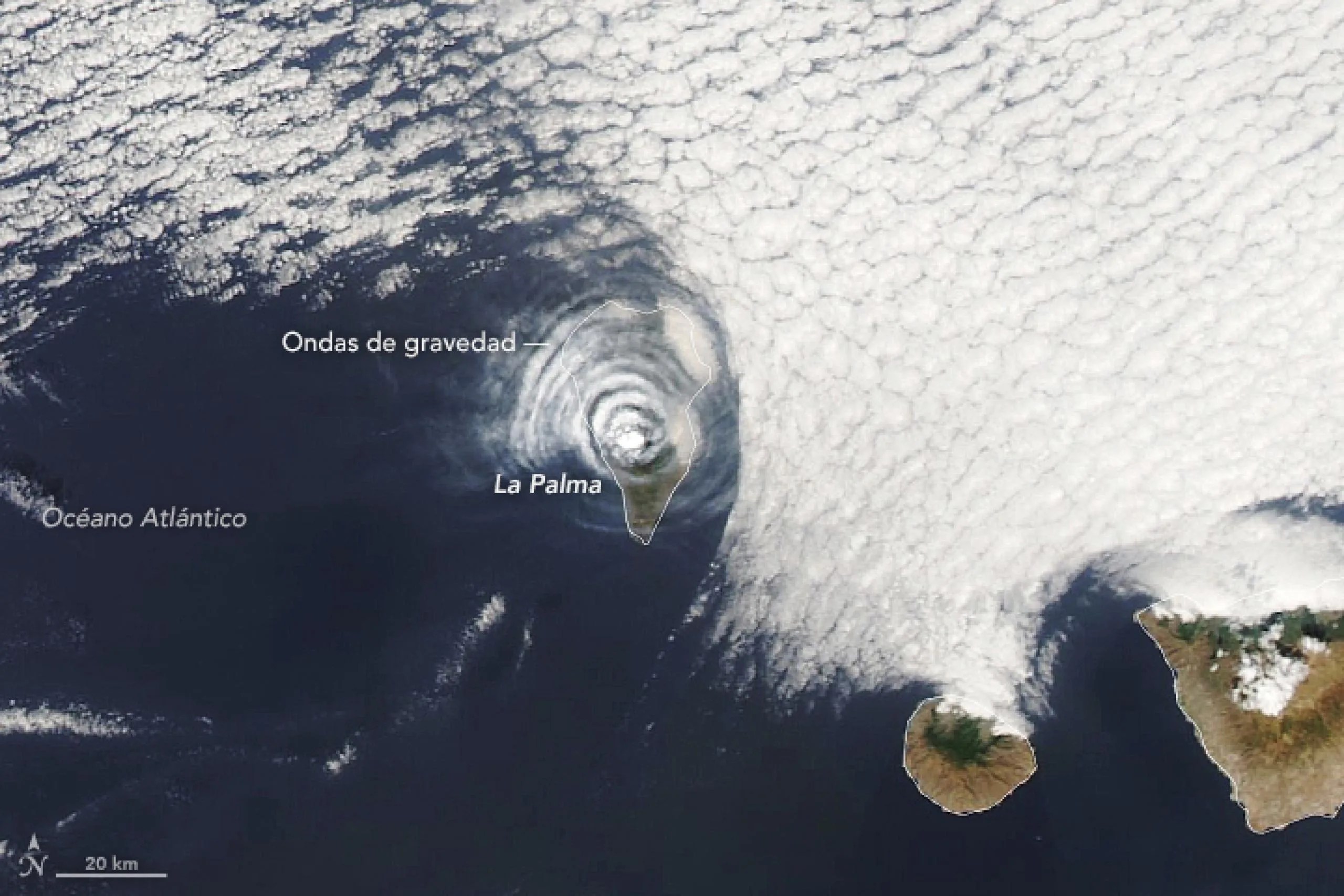 Vista satelital del volcán de Cumbre Vieja