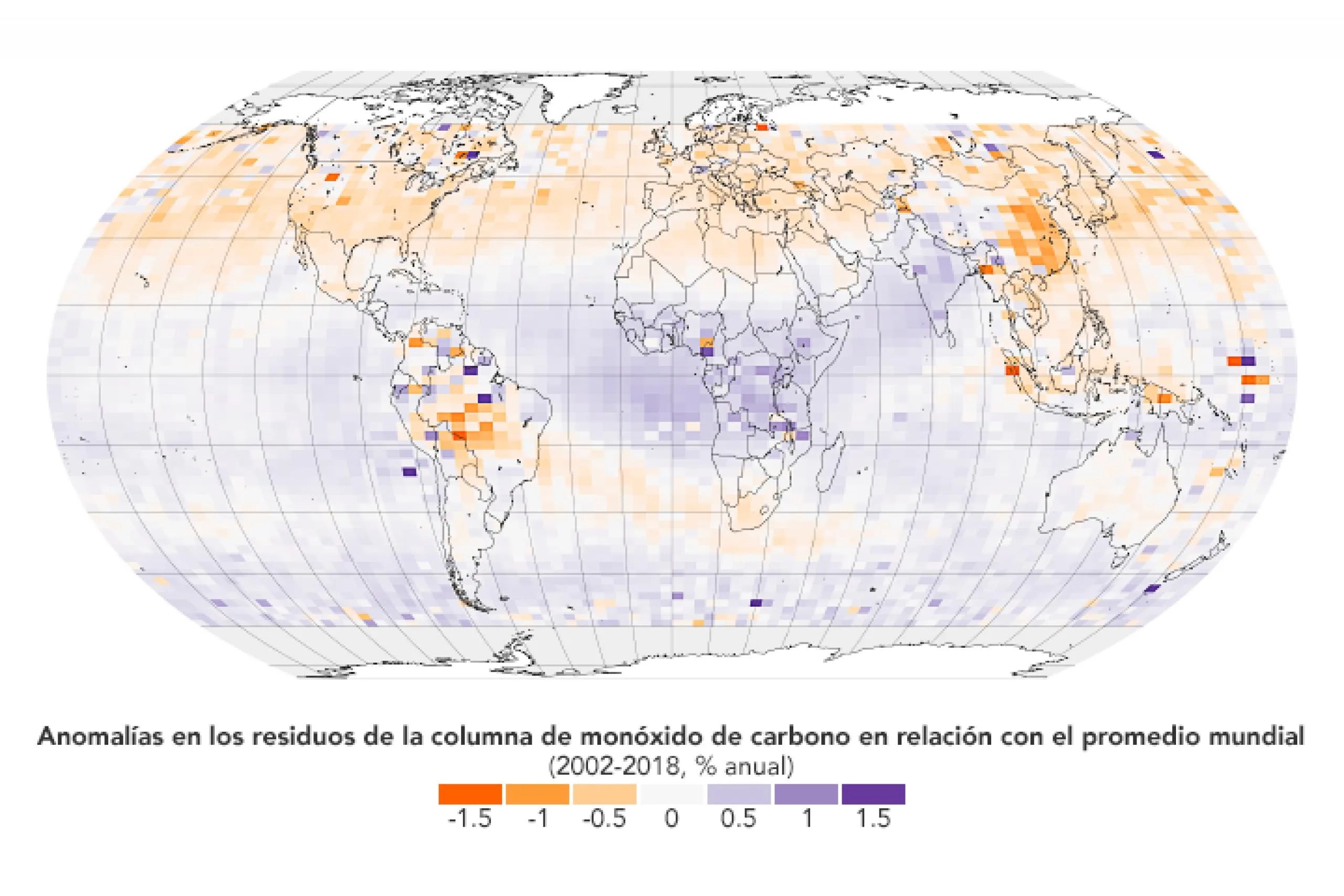 Anomalías en los residuos de la columna de monóxido de carbono en relación con el promedio mundial