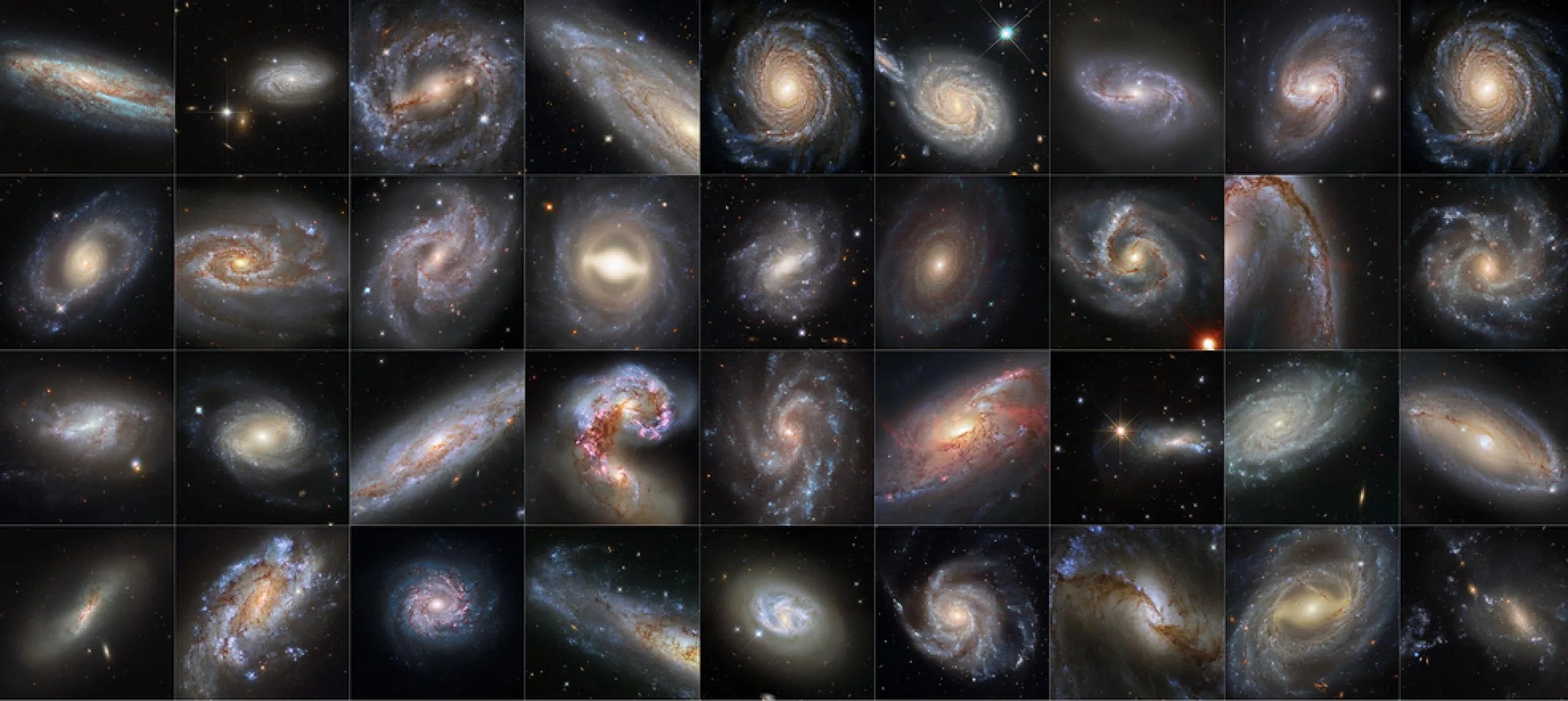Esta colección de 36 imágenes del telescopio espacial Hubble de la NASA presenta galaxias que albergan tanto estrellas variables cefeidas como supernovas. Estos dos fenómenos celestiales son herramientas cruciales que los astrónomos utilizan para determinar distancias astronómicas, y han sido empleadas para refinar nuestra medición de la constante de Hubble, la velocidad de expansión del universo.