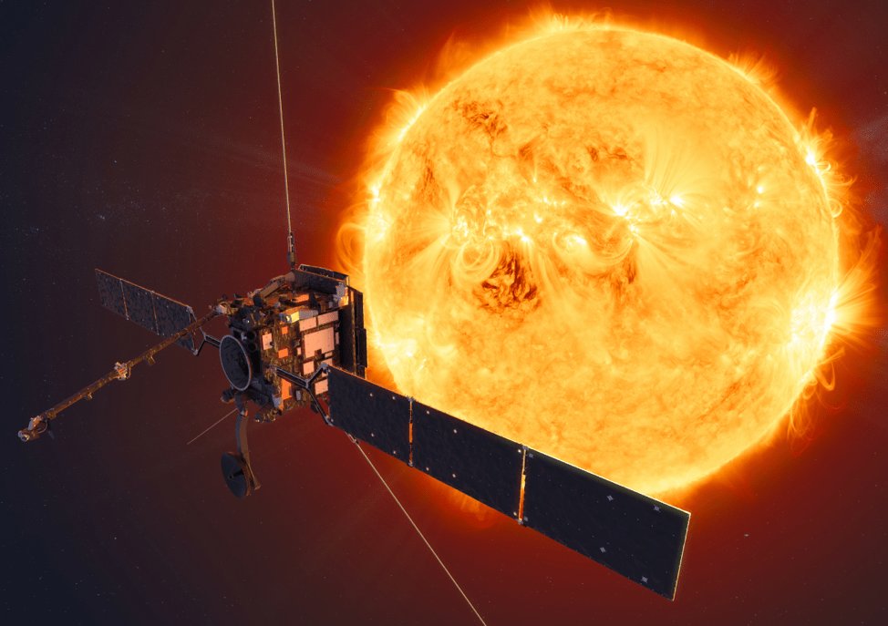 Ilustración artística de la nave Solar Orbiter de la NASA, con el Sol brillante en el fondo.