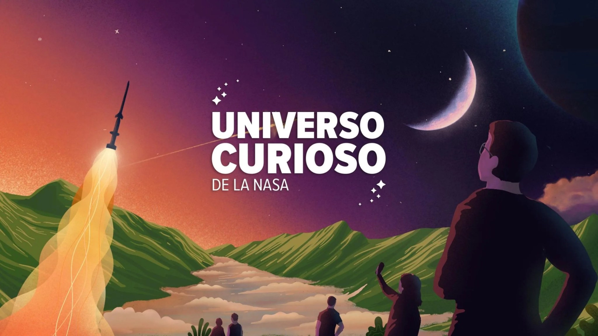 Thumbnail del episodio “Artemis I: ¡Vamos a la Luna!”, del podcast piloto Universo Curioso de la NASA. La imagen muestra las siluetas de cinco personas de espaldas, observando un cohete que atraviesa un cielo multicolor, con tonos de naranja, violeta, azul y negro. También se ven algunas estrellas tenues y la Luna. En el suelo, se ven dos filas paralelas de montañas verdes