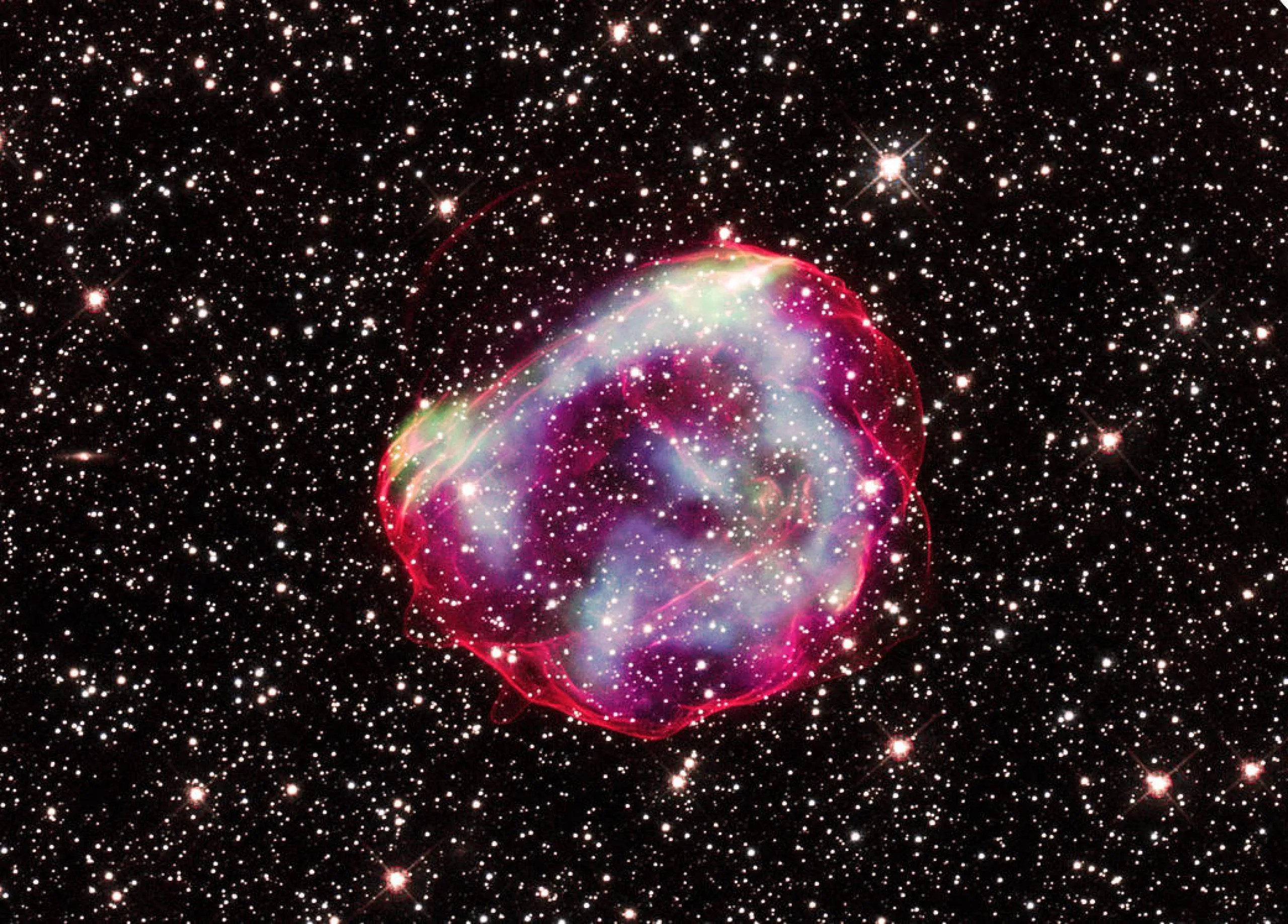 El remanente de supernova llamado SNR 0519-69.0 (SNR 0519 para abreviar). Son los restos de la explosión de una estrella enana blanca.