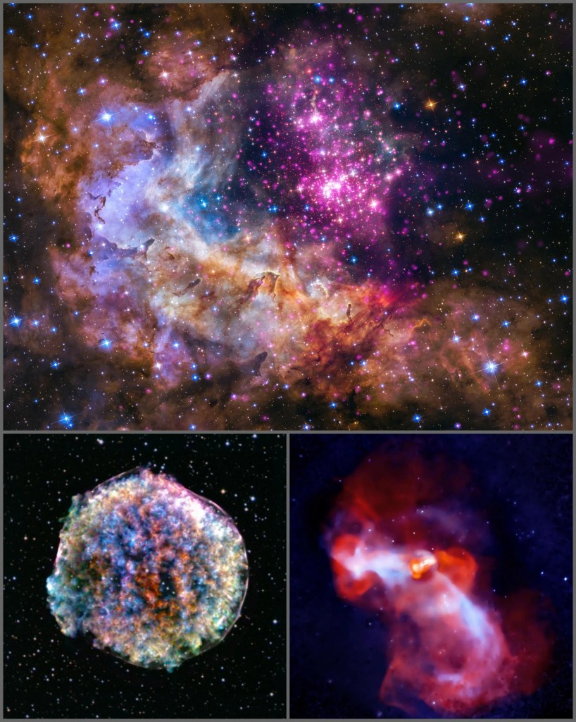 Mosaico de tres coloridas imágenes del universo.