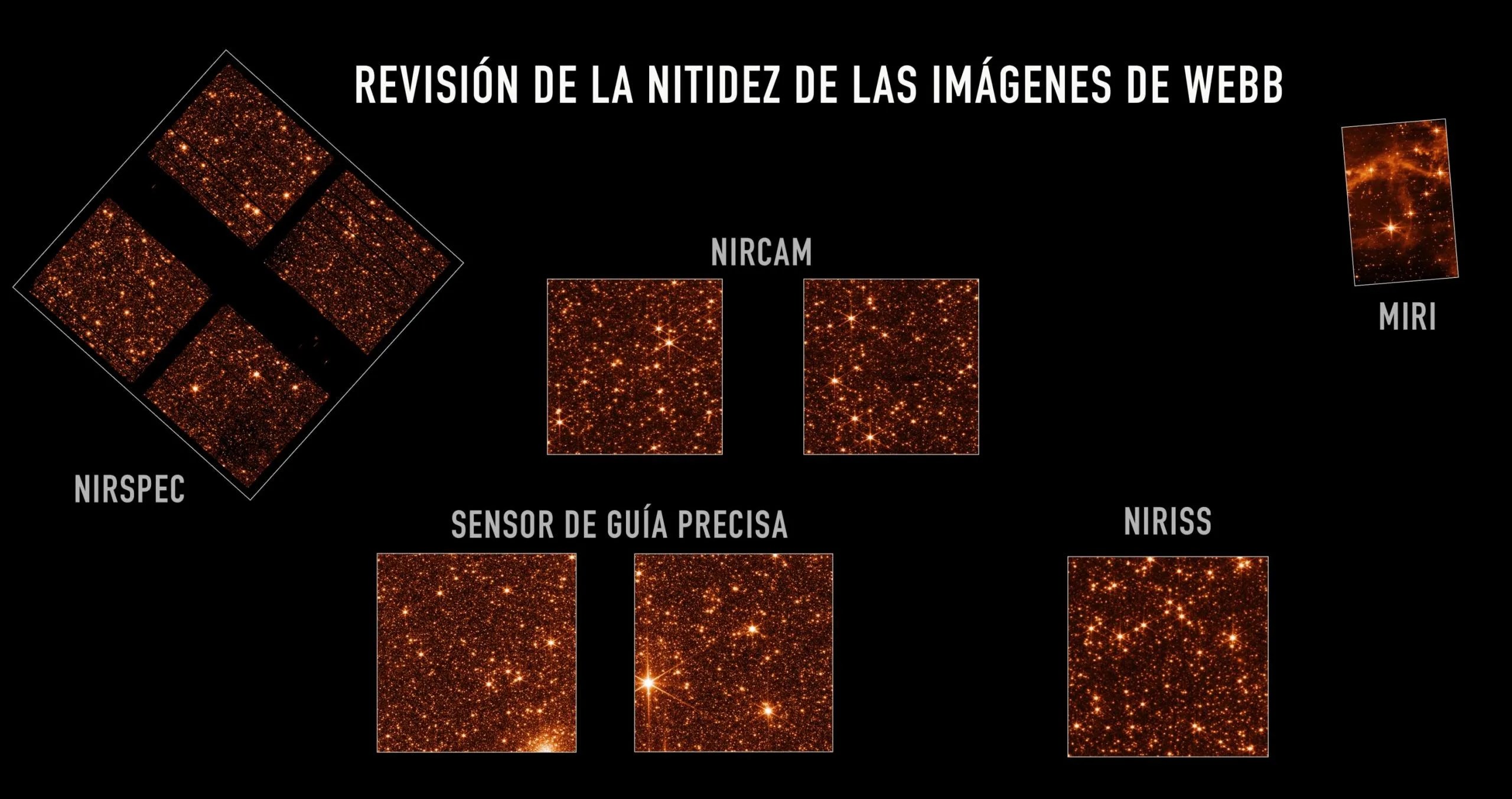 Cada recuadro muestra una vista desde uno de nuestros instrumentos de una parte de la Gran Nube de Magallanes. Cada imagen muestra muchas estrellas. Son imágenes de ingeniería que muestran que los espejos están alineados y enfocados. Las imágenes del telescopio están coloreadas en un tono rojizo, elegido para optimizar el contraste visual.
