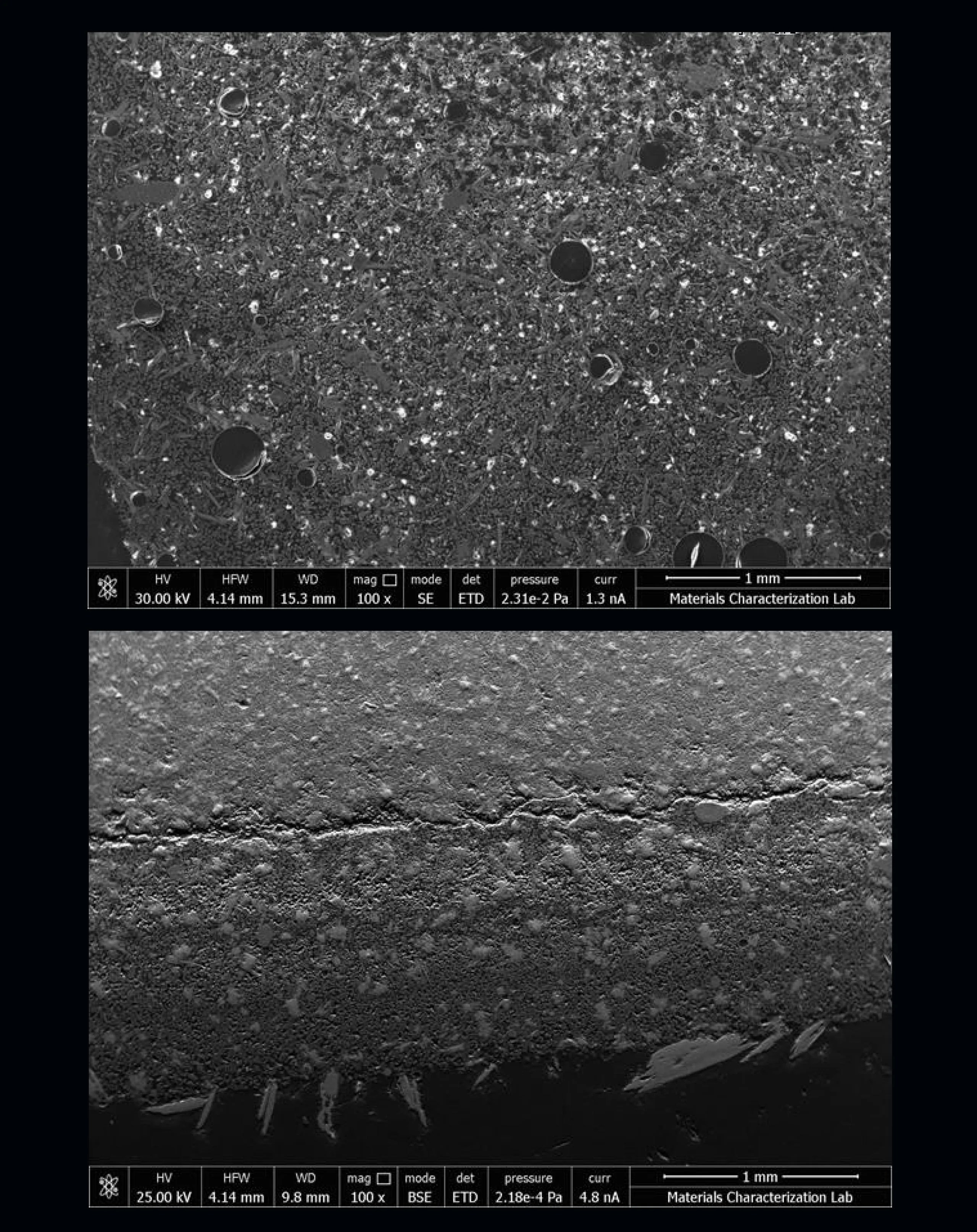 Estas imágenes comparan pastas de cemento mezcladas en el espacio (arriba) y en tierra (abajo).