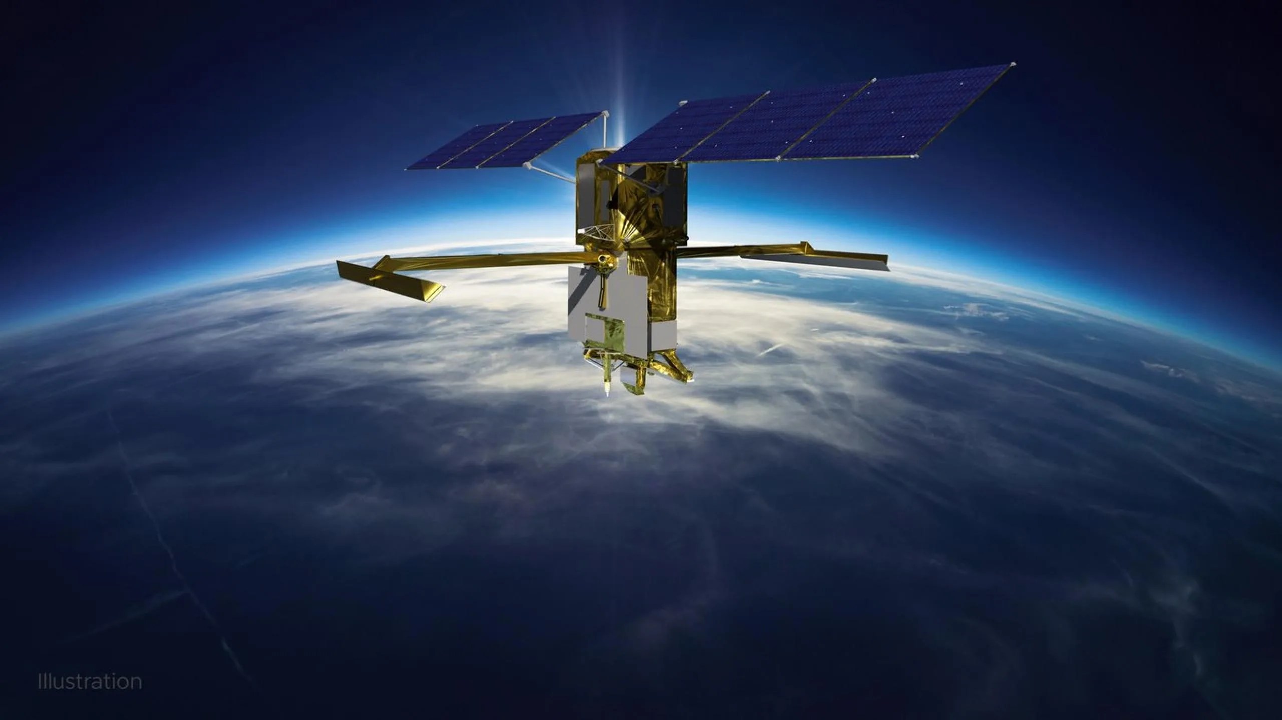 Ilustración del satélite de la misión SWOT en el espacio.