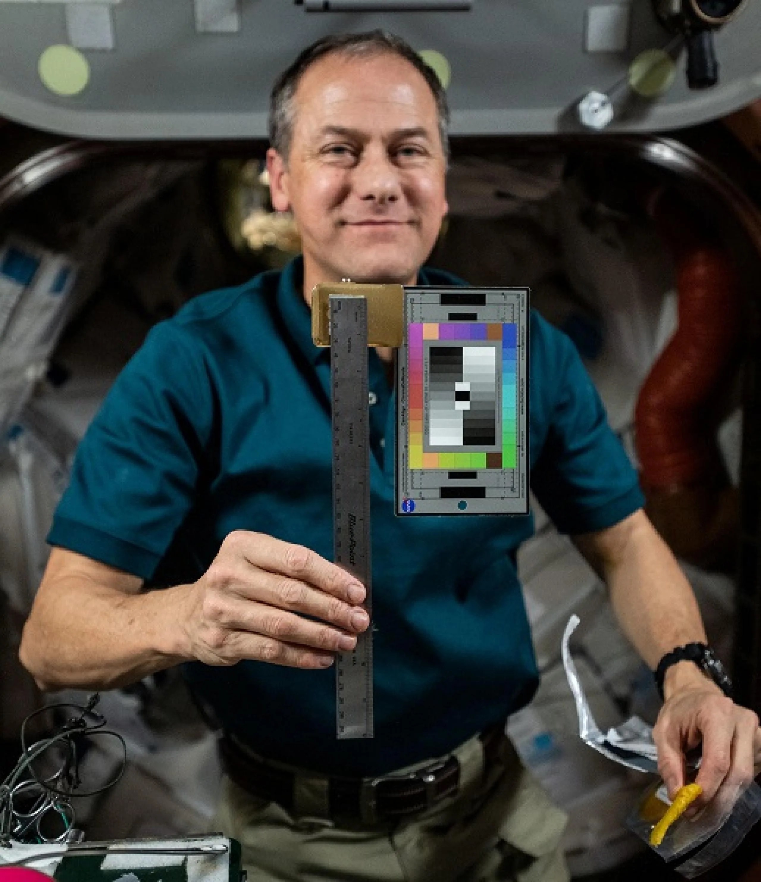 imagen de un astronauta posando con una regla y una tabla de colores
