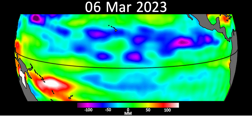 Esta animación muestra una serie de ondas, llamadas ondas de Kelvin, que desplazan el agua caliente de oeste a este por el océano Pacífico ecuatorial durante marzo y abril.
