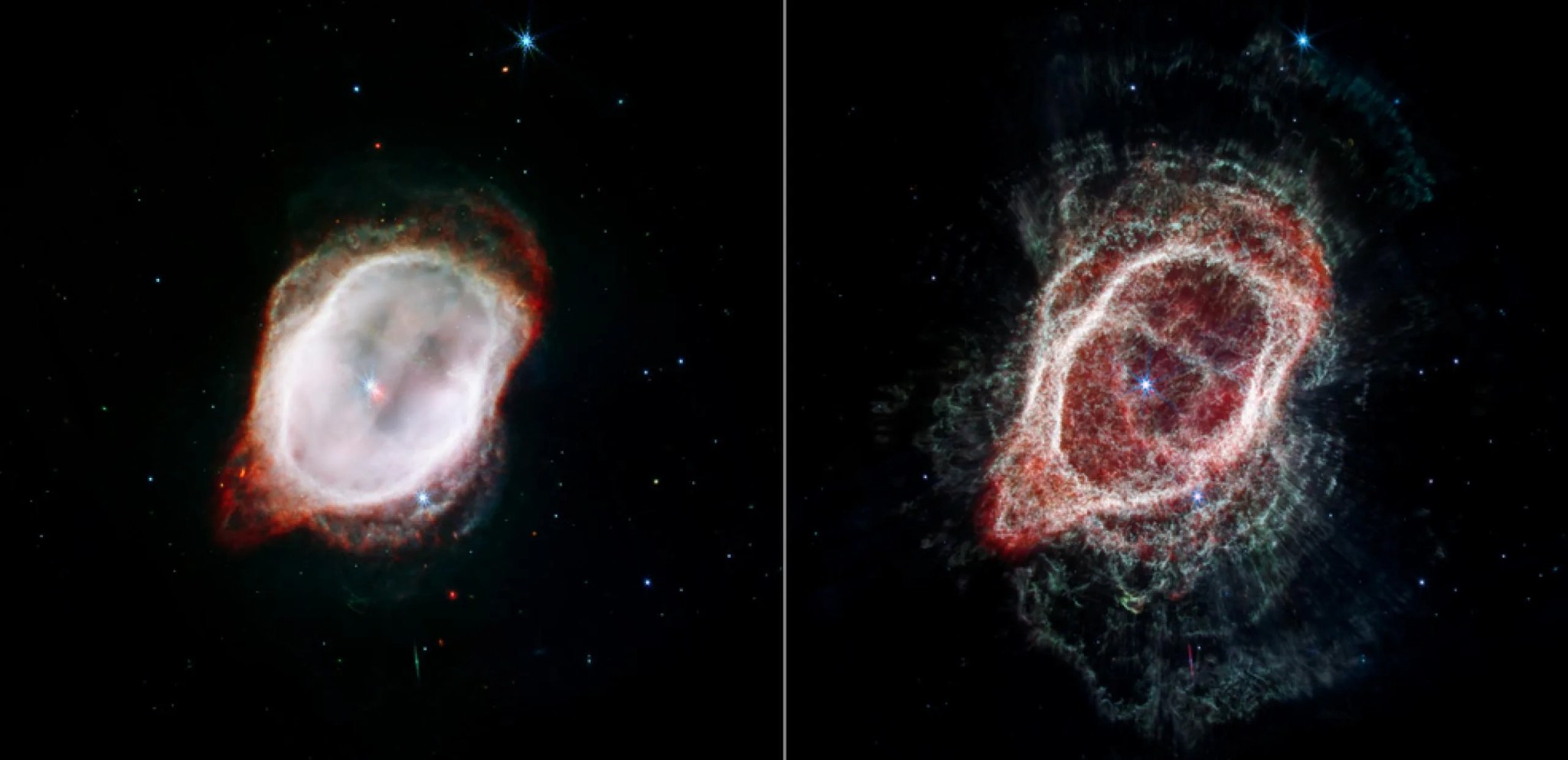 El telescopio espacial James Webb de la NASA ofrece vistas dramáticamente diferentes de la nebulosa del Anillo del Sur. Cada imagen combina luz del infrarrojo cercano y medio a partir de tres filtros. A la izquierda, la imagen de Webb de la nebulosa del Anillo de Sur destaca el gas muy caliente que rodea a las dos estrellas centrales. A la derecha, la imagen de Webb sigue el trazo de los flujos moleculares dispersos de la estrella que se han adentrado más lejos en el cosmos.