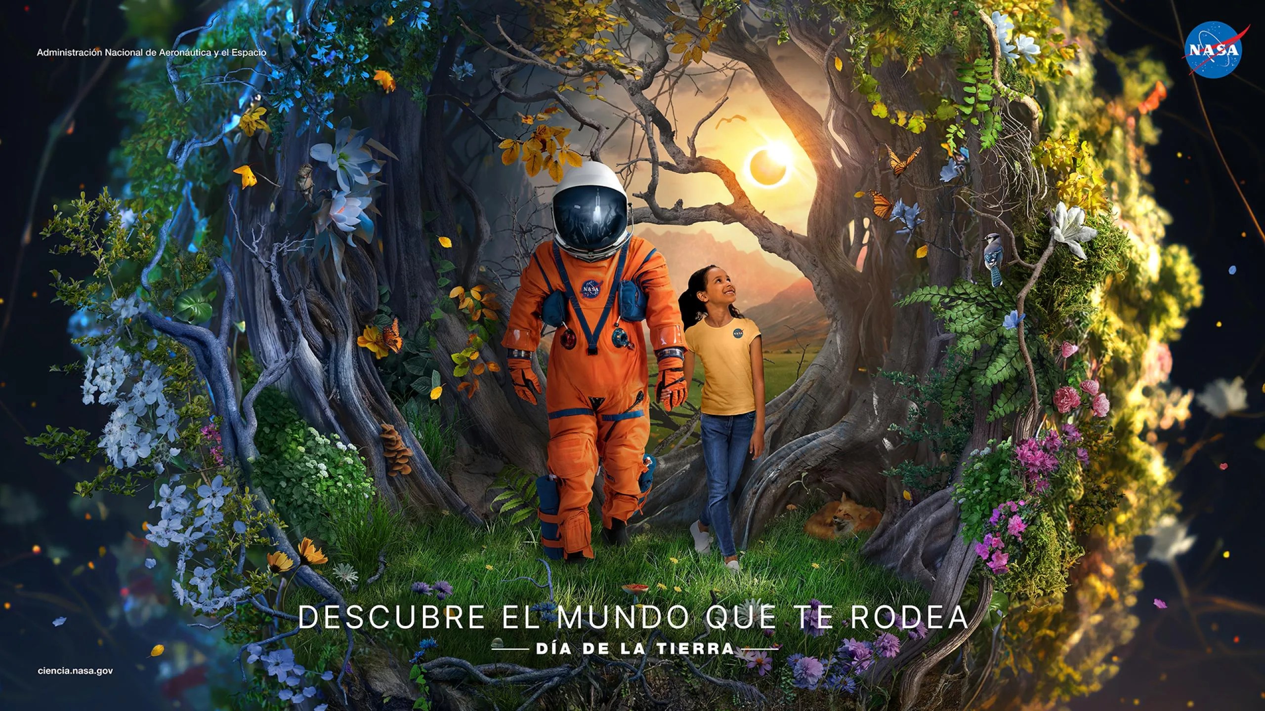 Póster de la NASA para conmemorar el Día de la Tierra de 2023. La imagen muestra en el centro a una niña tomada de la mano de un o una astronauta con su traje naranja. Les rodea un bosque con flores y algunas de sus criaturas (mariposas, un zorro, aves). Detrás se ve el Sol iluminando el camino.