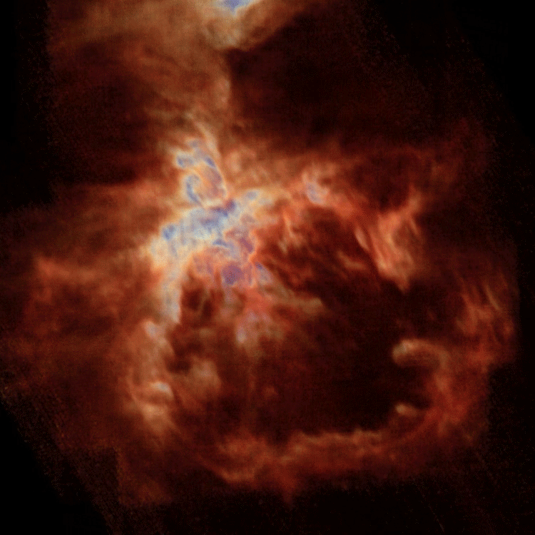 Esta vista tridimensional de la nebulosa de Orión, el vivero de formación estelar más cercano a la Tierra, fue creada con datos de la misión SOFIA. Revela la estructura detallada de la nebulosa, incluyendo una