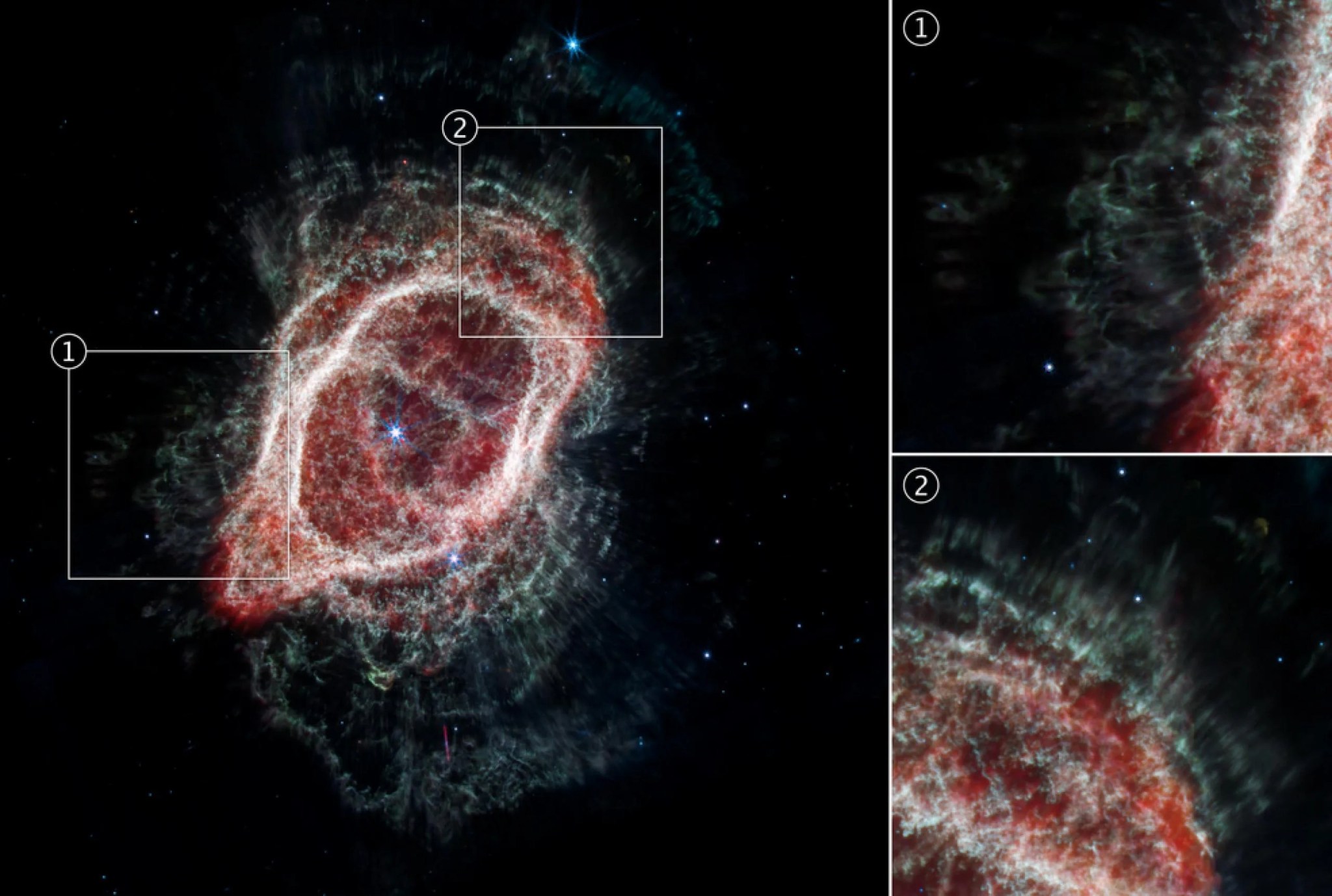 Podemos examinar las líneas rectas y brillantes que atraviesan los anillos de gas y polvo alrededor de los bordes de la nebulosa del Anillo del Sur en la imagen del telescopio espacial James Webb. Estos “rayos” parecen emanar de una o ambas estrellas centrales, marcando los lugares donde la luz fluye a través de los agujeros en la nebulosa.