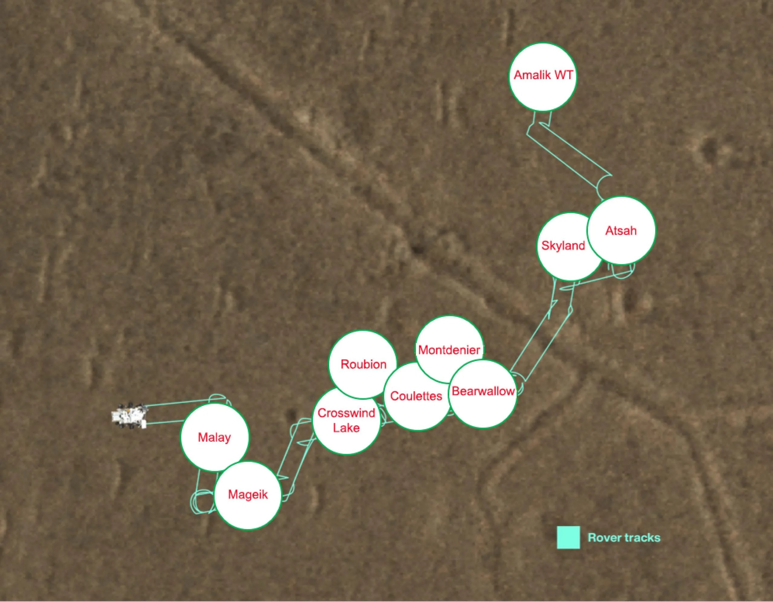 Este mapa muestra los lugares donde Perseverance, el vehículo explorador de la NASA en Marte, dejó caer 10 muestras para que una misión futura pueda recogerlas. Las líneas verde claro marcan las huellas del rover.