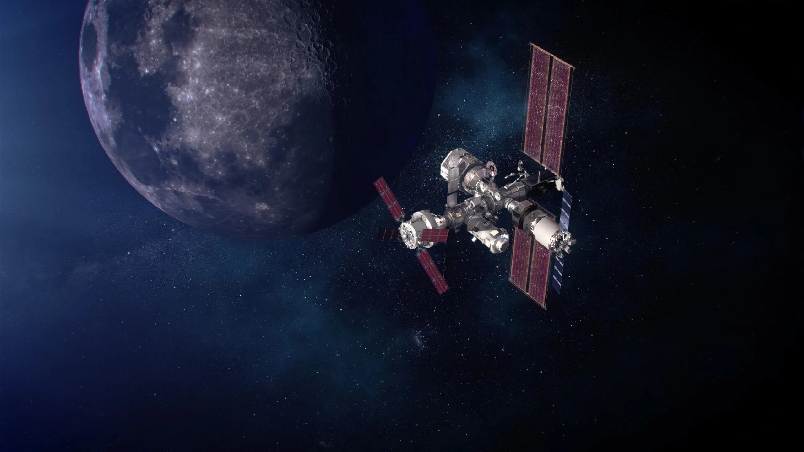Representación artística de la configuración completa de la futura estacional espacial alrededor de la Luna, Gateway.