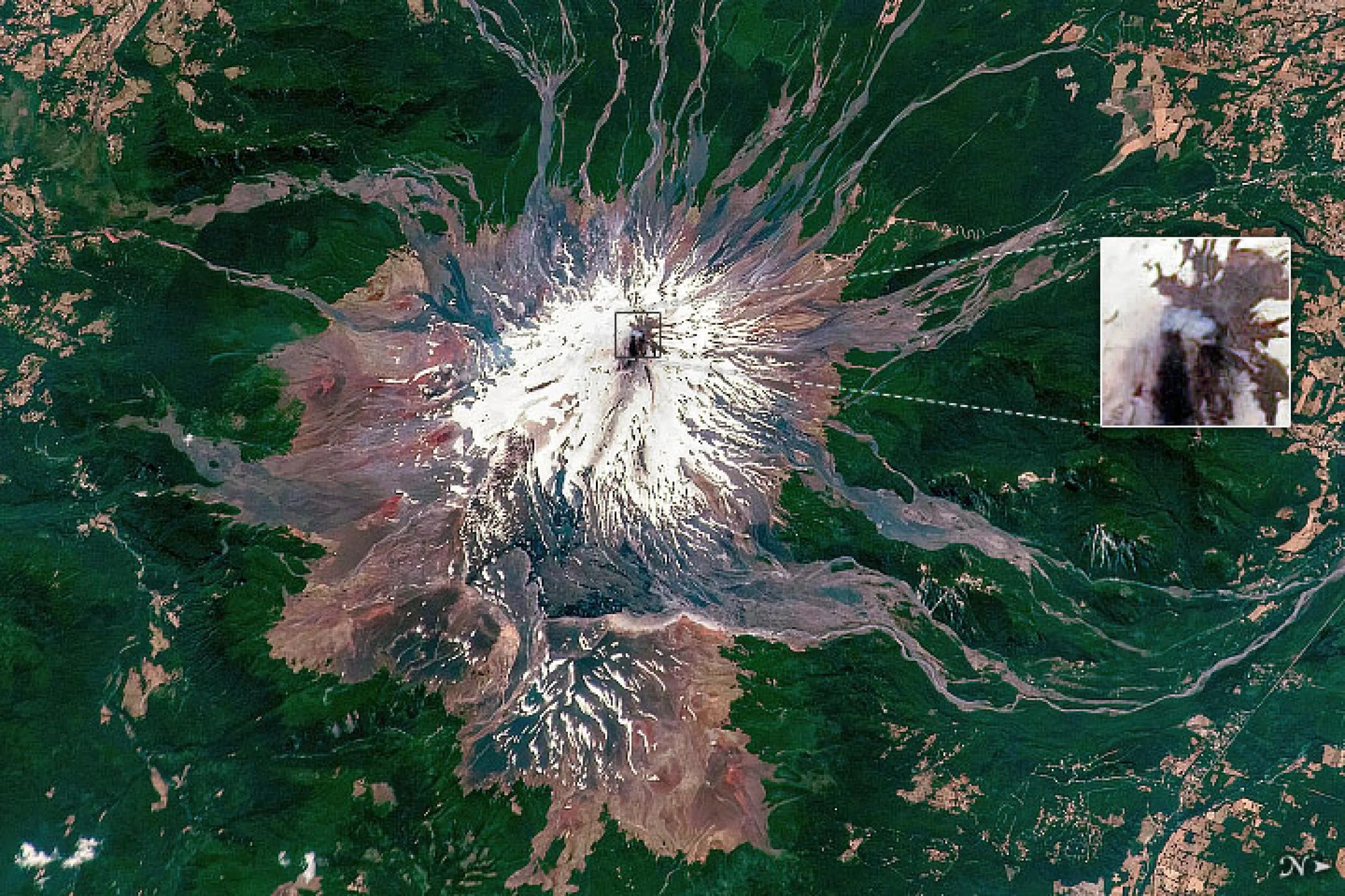 Vista satelital del volcán Villarrica en Chile.
