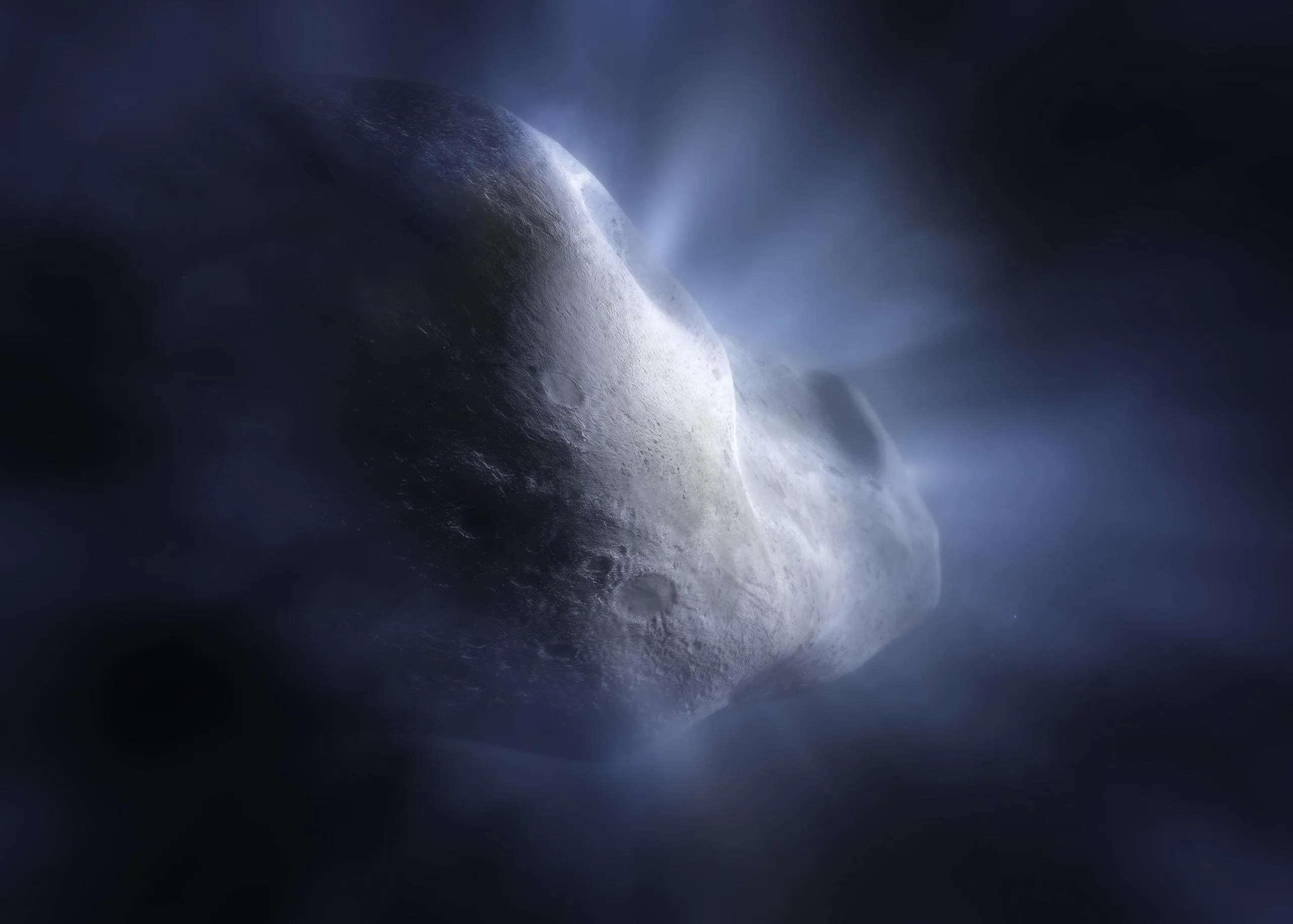 Ilustración: primer plano del cuerpo rocoso de un cometa con una superficie detallada y llena de cráteres. De la superficie rocosa emanan rayos resplandecientes como la luz del sol a través de las nubes, representando el hielo de agua que se vaporiza con el calor del Sol.