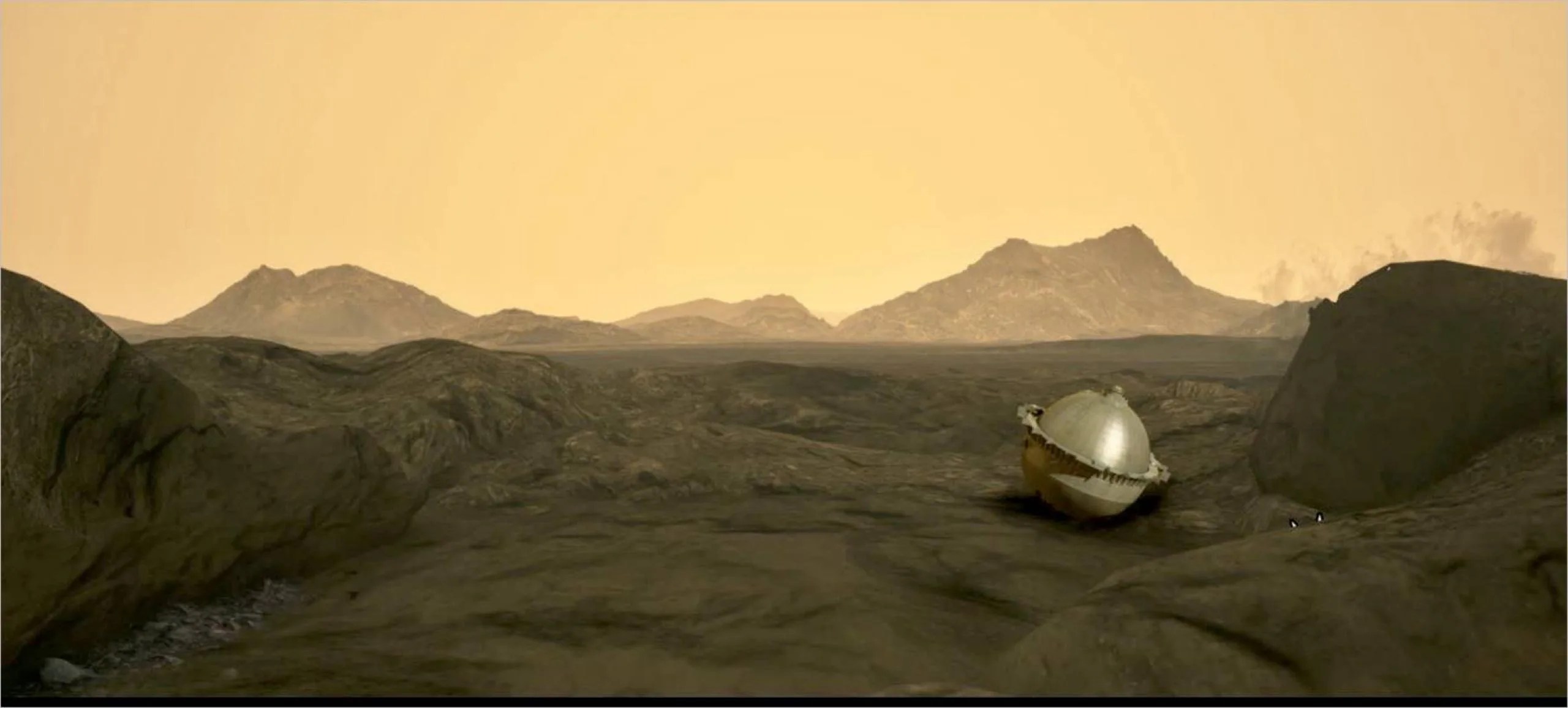 Ilustración de la sonda de atmósfera profunda DAVINCI descendiendo a través de la densa atmósfera de dióxido de carbono de Venus hacia las montañas Alfa Regio.