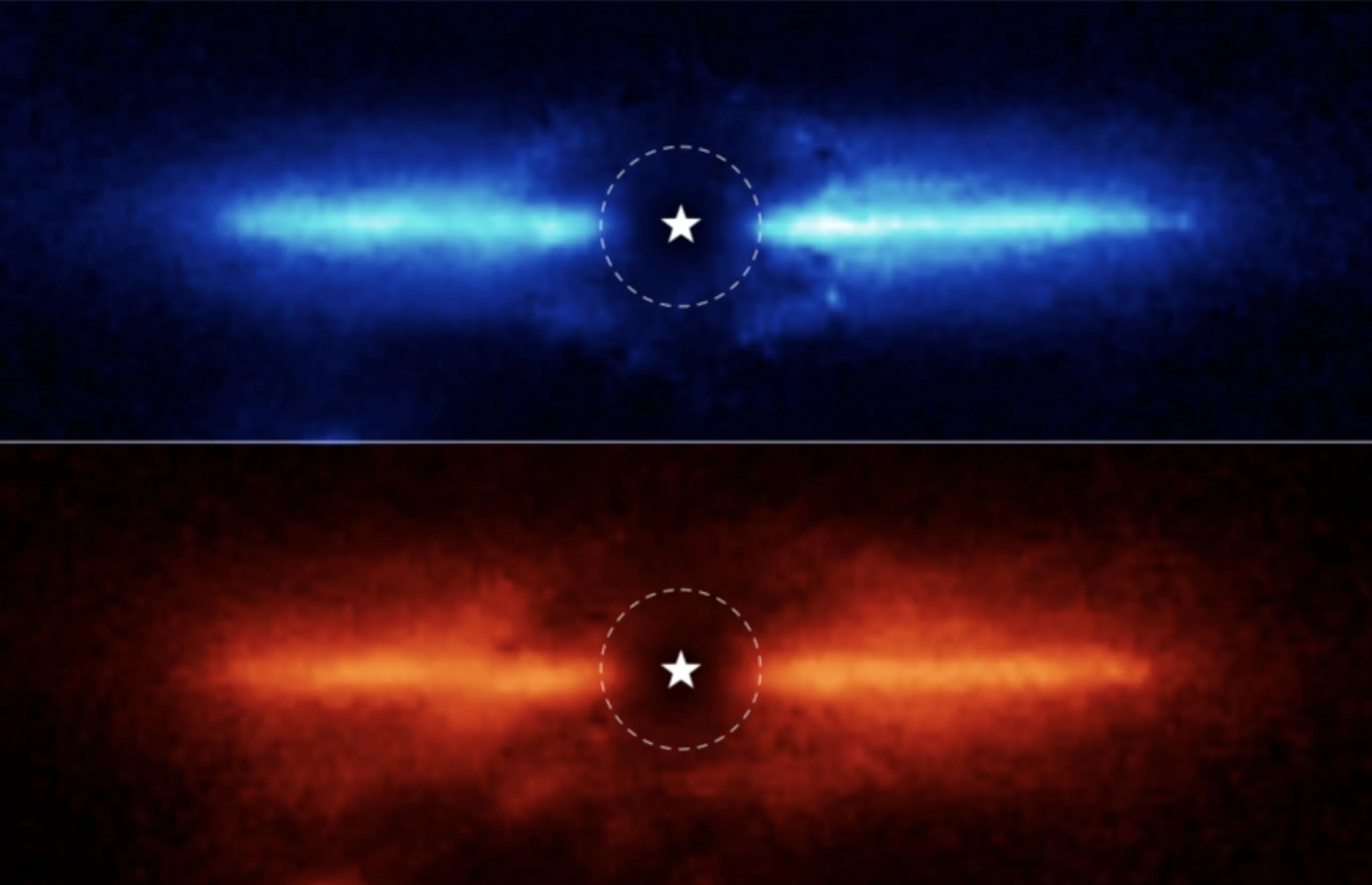 Estas son dos imágenes del disco de escombros polvorientos alrededor de AU Mic, una estrella enana roja situada a 32 años luz de distancia en la constelación austral de Microscopium. Los científicos utilizaron la cámara de infrarrojo cercano de Webb (NIRCam) para estudiar AU Mic. El coronógrafo de NIRCam, que bloqueó la luz intensa de la estrella central, permitió al equipo estudiar la región muy cercana a la estrella.