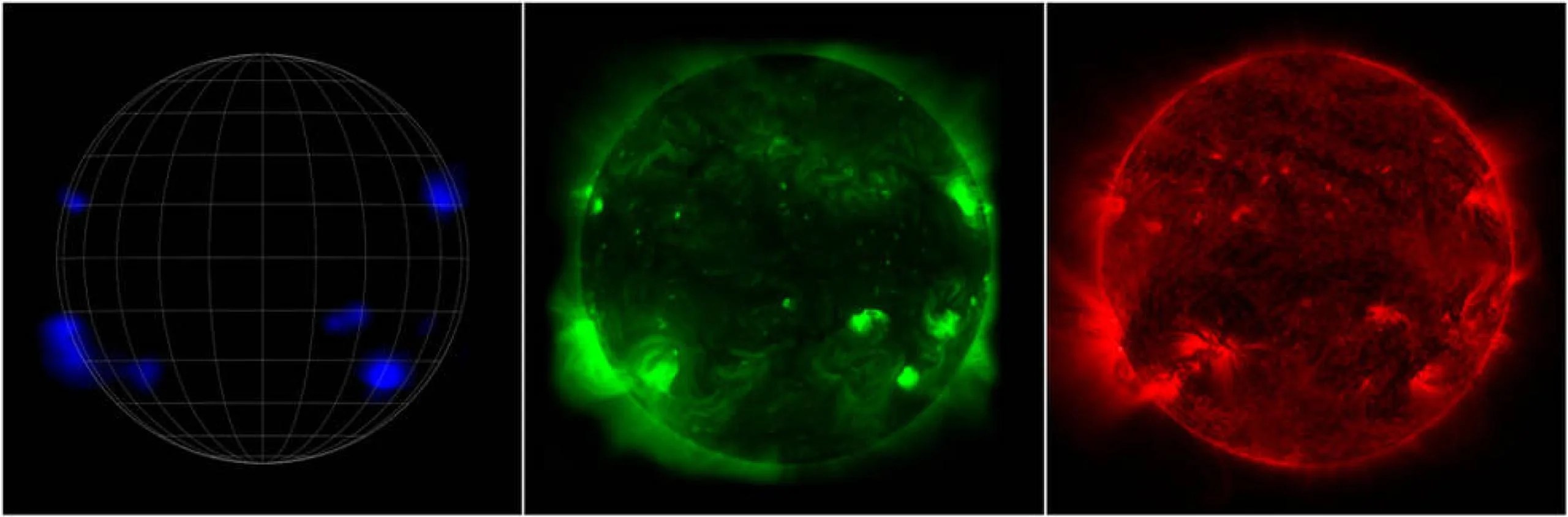 Una imagen dividida en tres, que muestra diferentes aspectos del Sol sobre un fondo negro. De izquierda a derecha: el observatorio NuSTAR de la NASA ve rayos X de alta energía (azul), la misión Hinode de JAXA ve rayos X de menor energía (verde) y el Observatorio de Dinámica Solar de la NASA ve luz ultravioleta (rojo).