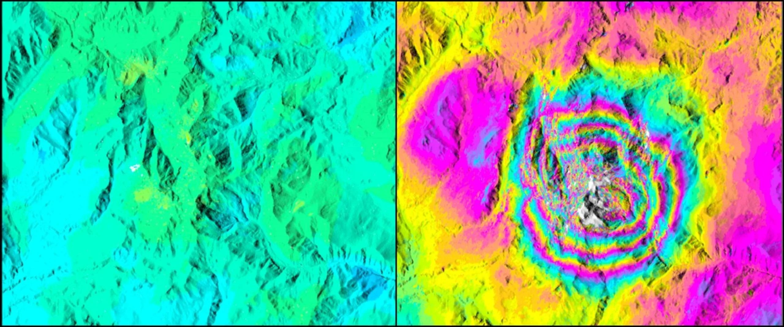 En estas imágenes del volcán argentino Domuyo tomadas con el radar interferométrico de apertura sintética, cada cambio de color se correlaciona con un cambio de unos 10 centímetros (4 pulgadas) de altura. La imagen de color sólido, a la izquierda, muestra que la altura del Domuyo se mantuvo estable entre 2013 y 2014; la imagen multicolor muestra un rápido inflamiento entre 2015 y 2019. Crédito: NASA/JPL-Caltech