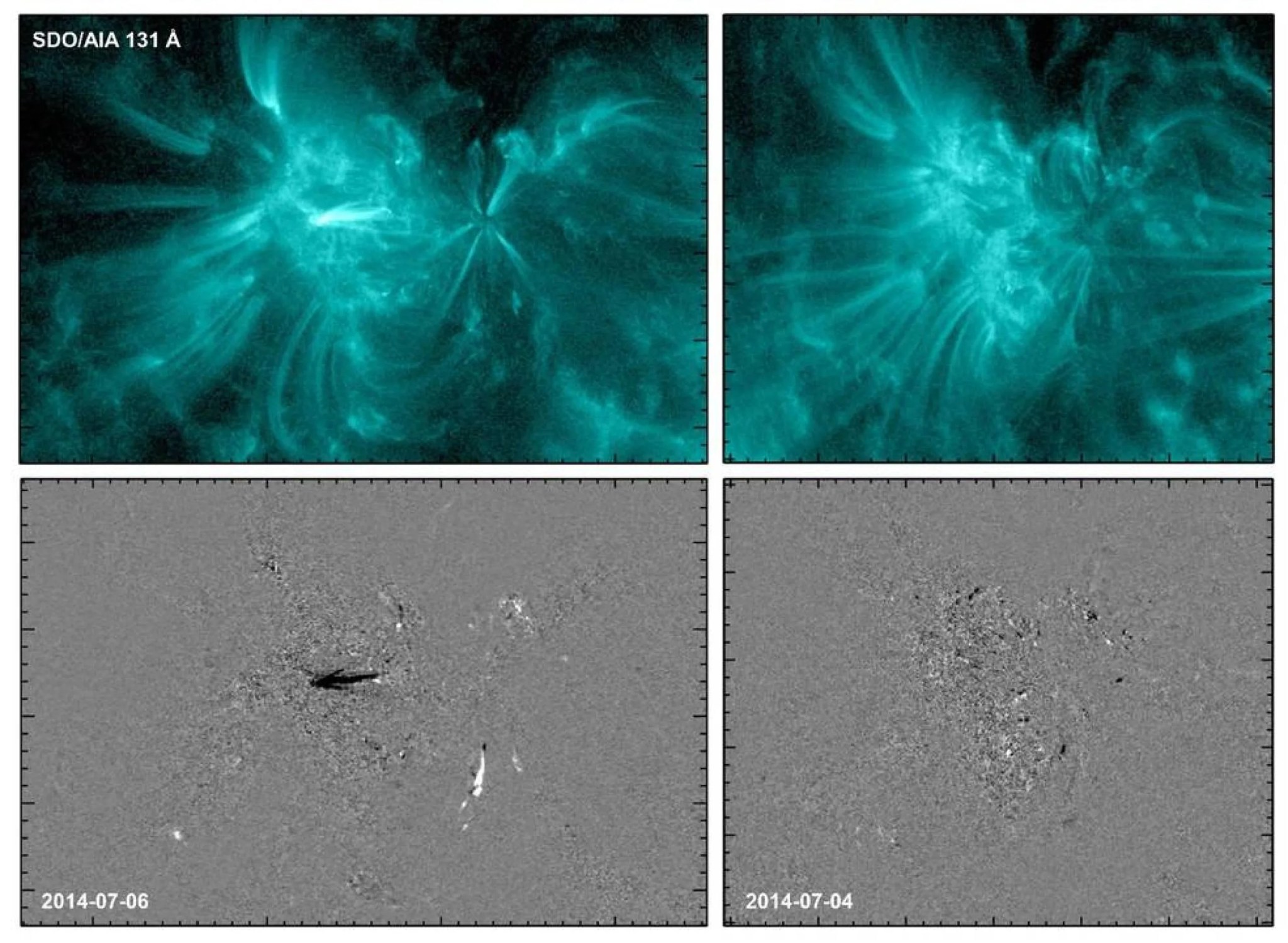 Dos imágenes de una región solar activa (NOAA AR 2109) tomadas por el generador de imágenes atmosféricas del Observatorio de Dinámica Solar (SDO/AIA).