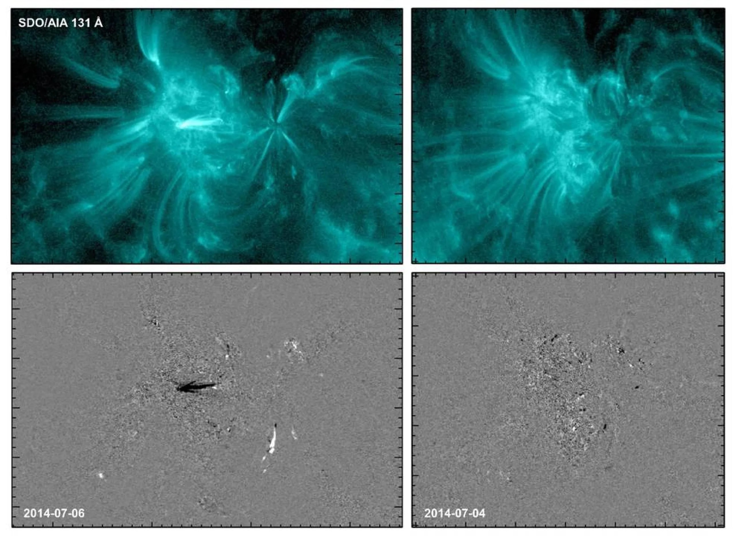 Dos imágenes de una región solar activa (NOAA AR 2109) tomadas por el generador de imágenes atmosféricas del Observatorio de Dinámica Solar (SDO/AIA).