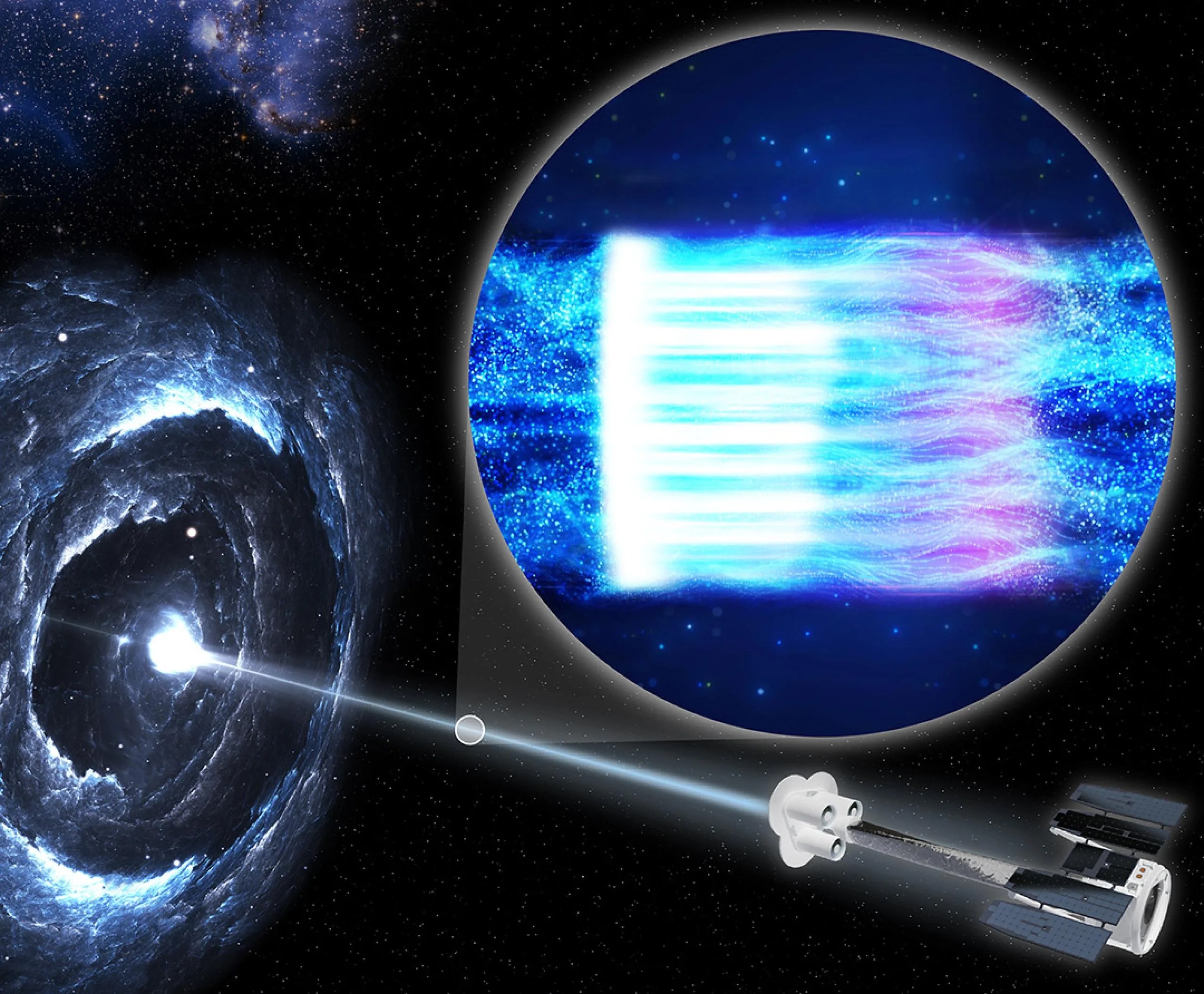 Esta ilustración muestra a la nave espacial IXPE de la NASA, a la derecha, observando el blazar Markarian 501, a la izquierda.