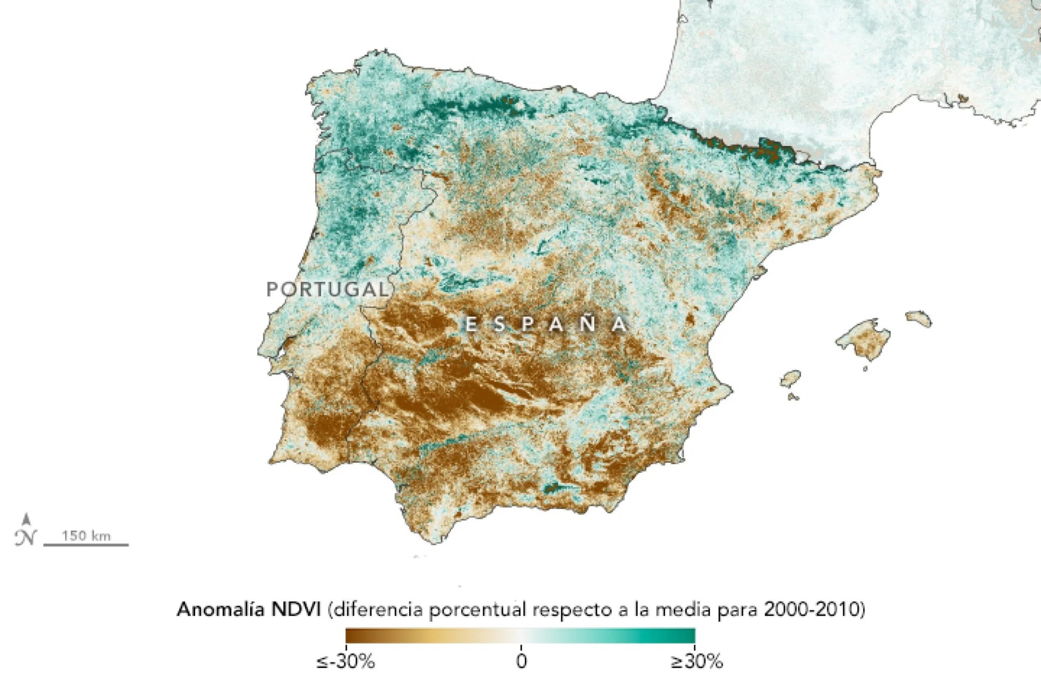 Mapa de España y Portugal con datos superpuestos. El océano circundante es blanco. Los colores de la tierra, que van del marrón al verde azulado, muestran la diferencia porcentual del NDVI, o salud de la vegetación, respecto a la media del periodo 2000-2010. El sur de España es predominantemente marrón, con algunas manchas de color verde azulado.