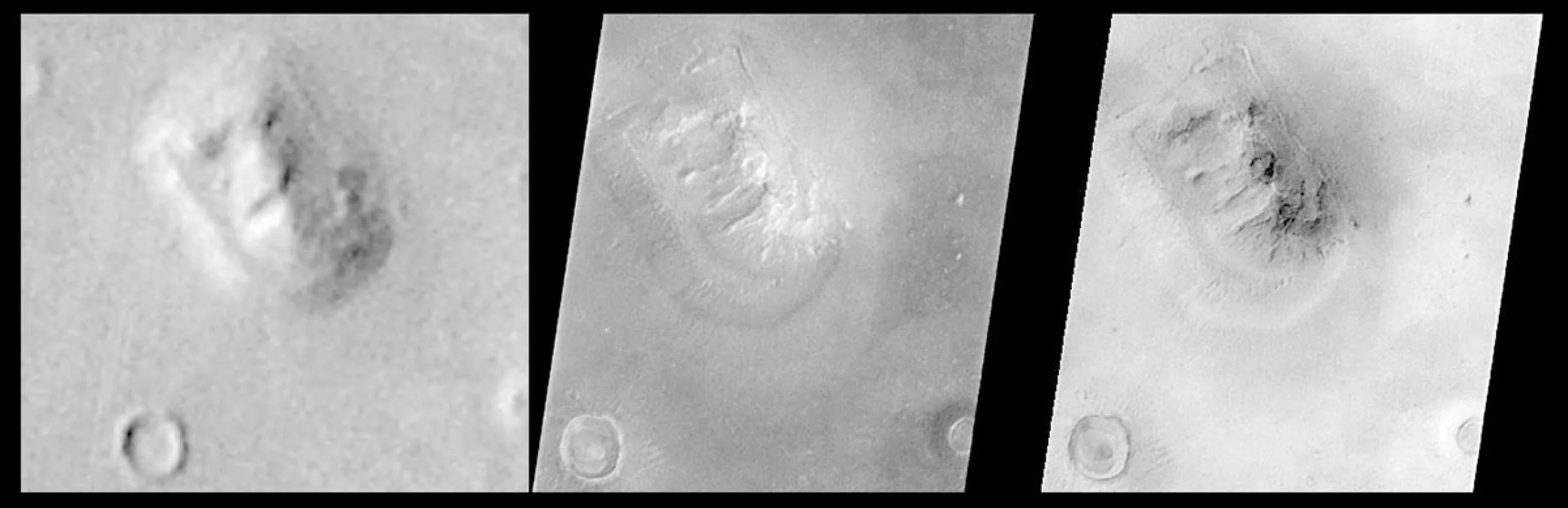 Imagen de Viking ampliada a 3,3 veces la resolución original, imágenes de la cámara Mars Orbiter reducidas; la imagen de la derecha tiene el brillo invertido.